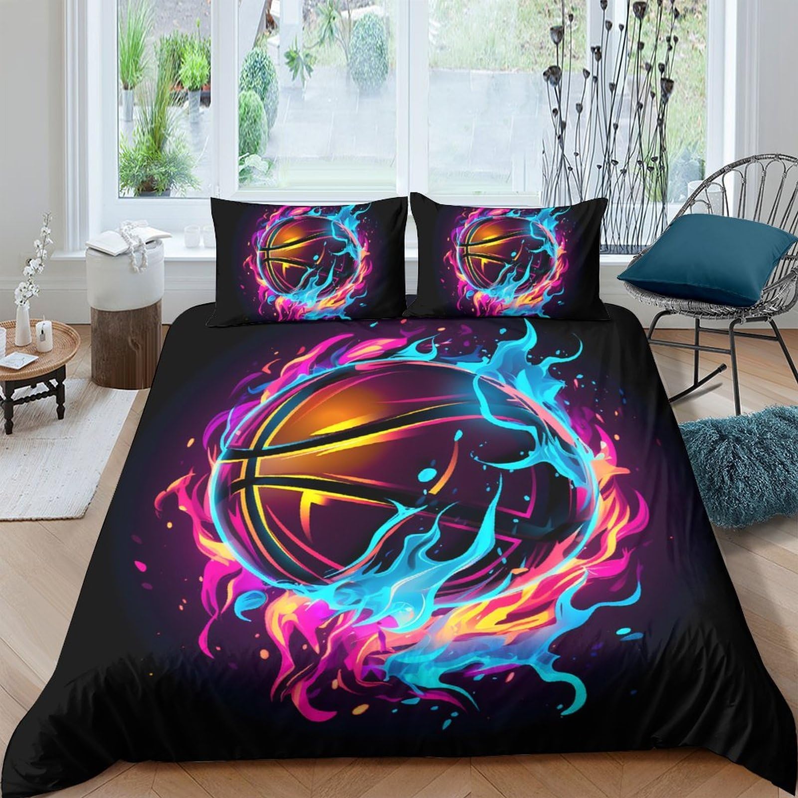 Ctjqhvkz Style-9 3D Printed Fire Basketball Fitted Sheet Microfiber Vibrant Blue Orange Mattress Cover For Bedroom Dorm Decor Single（135X200cm）