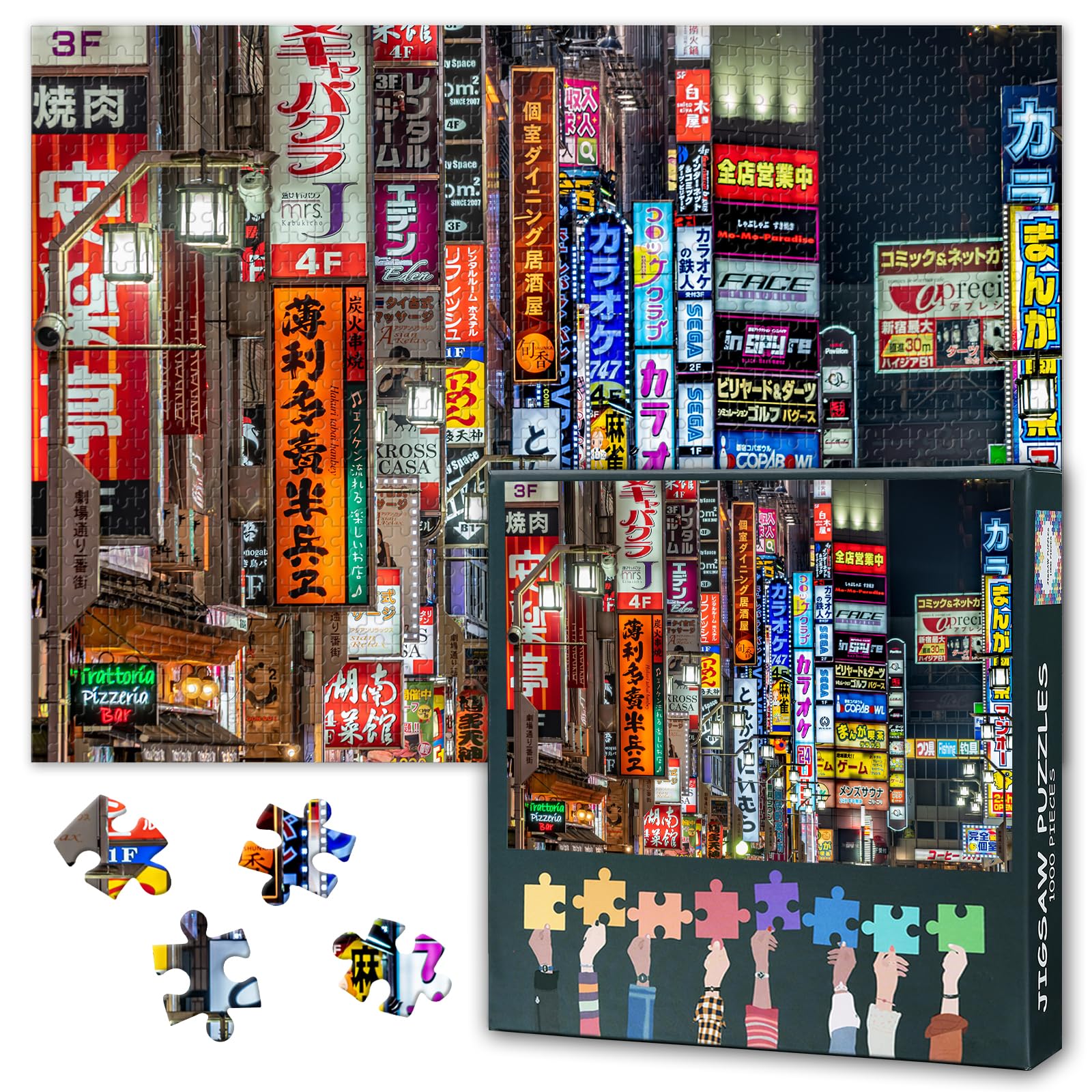 1000 Pieces Puzzle for Adults- Late Night View of Shinjuku Ward, Tokyo Japan Jigsaw Puzzles Colorful Billboards at Kabukicho and Red Light District Difficulty Puzzles Rompecabezas Para