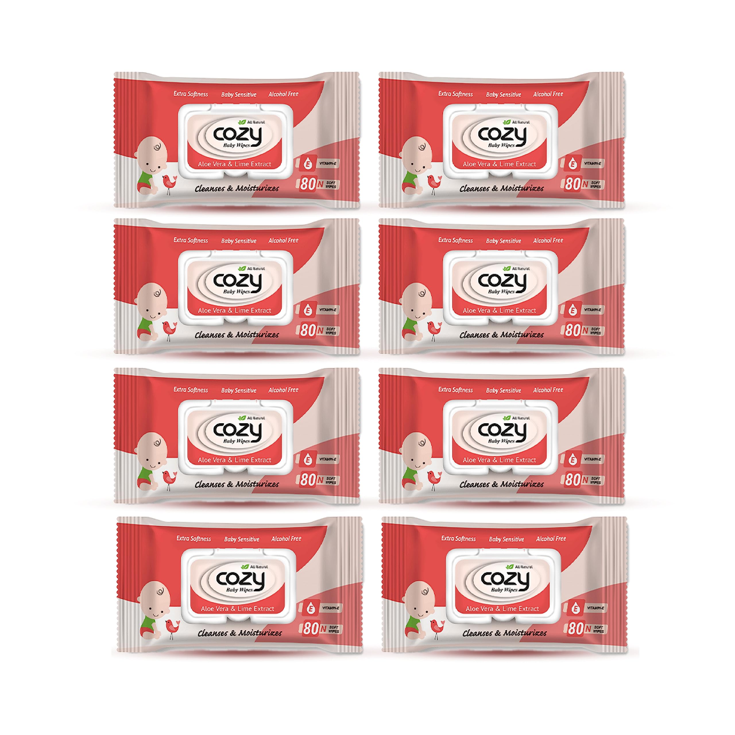 Cozy Baby Wipes, Red Pack of 8 (640 Count) Alcohol free, soft and strong, aloe vera and lime extract, vitamin E, Extra softness, baby sensitive, alcohol free, 15 cm x 20 cm (640 Count (Pack of 8))-image-38