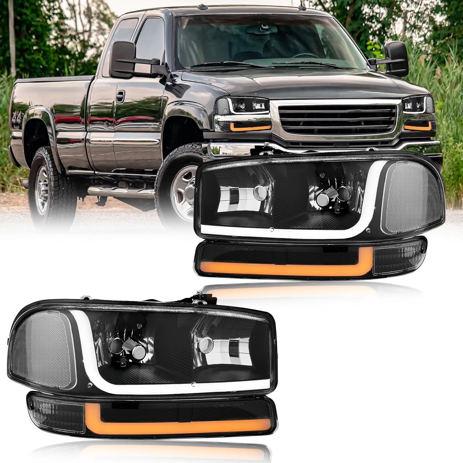 LED DRL Headlight Compatible with 1999-2007 GMC Sierra 1500/2001-2007 GMC Sierra 1500 HD 2500 HD 3500, Fit 1999-2006 GMC Yukon Headlights Assembly Kit Black Housing Clear Reflector Black Housing Clear Reflector(LED) 1999-2007 GMC Sierra
