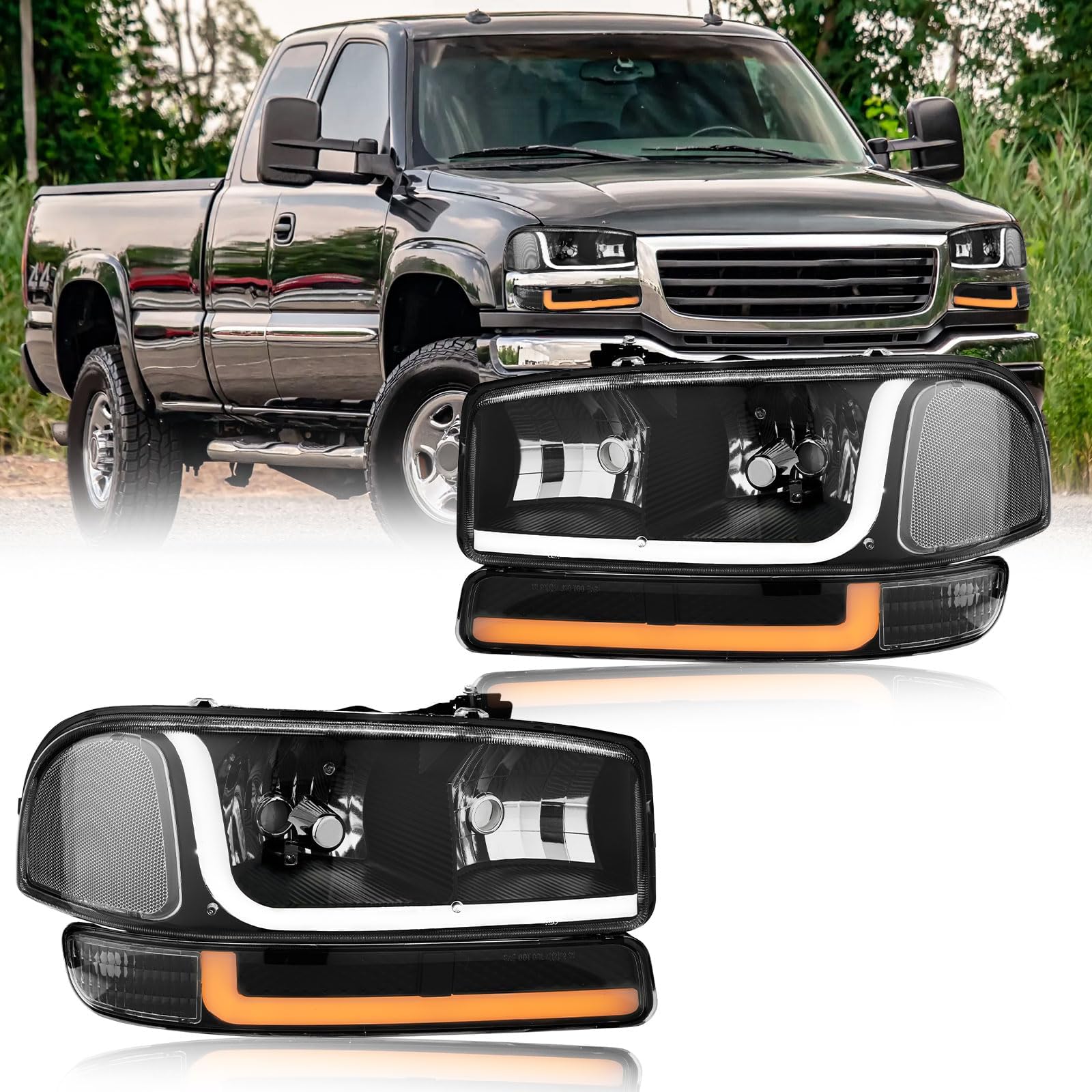 LED DRL Headlight, Headlights Assembly Kit Compatible with 1999-2007 GMC Sierra 1500/2001-2007 GMC Sierra 1500 HD 2500 HD 3500, Fit 1999-2006 GMC Yukon Headlamp Black Housing Clear Reflector