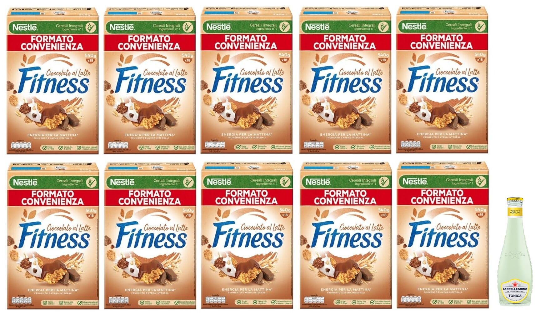 10 x Nestlé FITNESS Vollkornprodukte mit Milchschokolade, Maxi-Format 540 g + 1 x San Pellegrino Tonica Zitrusfrucht 20 cl
