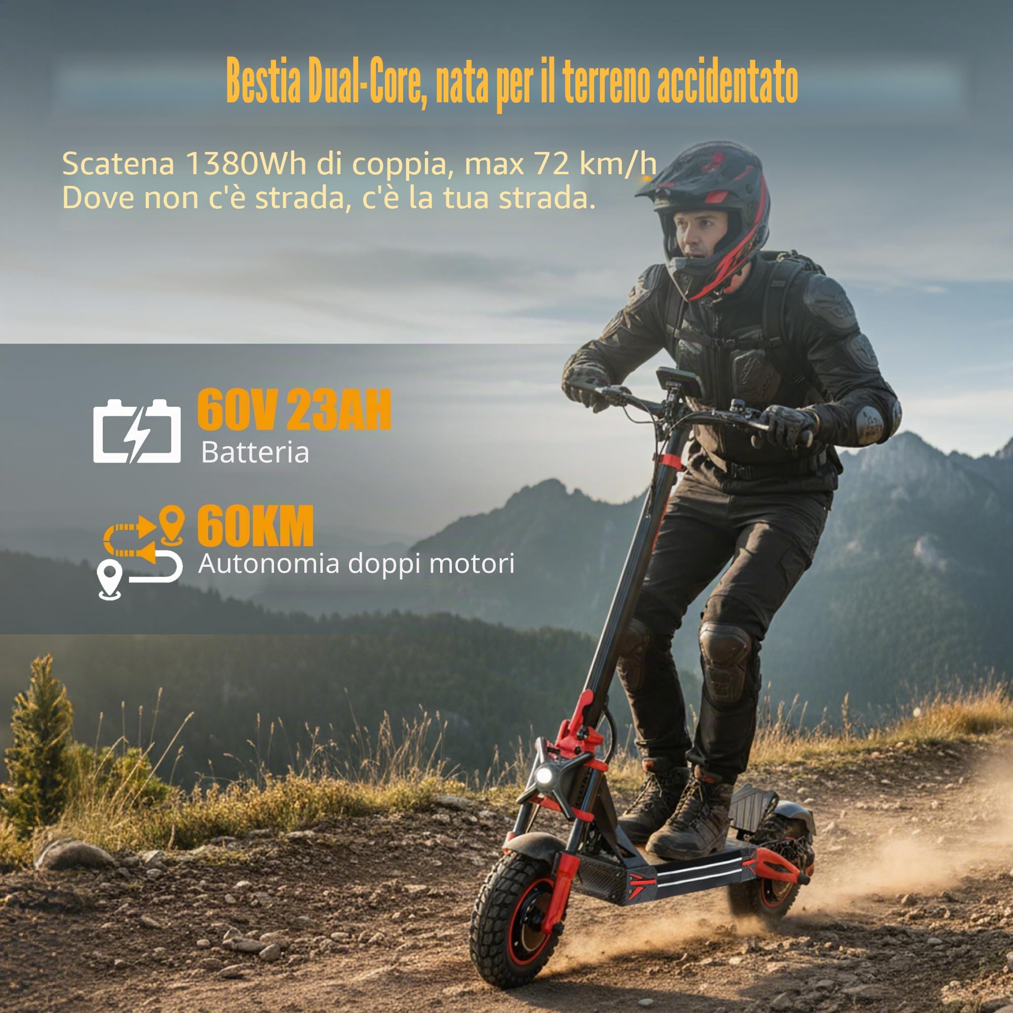 Monopattino Elettrico Adulto Pieghevole, 45-60Km di Autonomia, Scooter Elettrico con Batteria 60V 23Ah, Pneumatici Tubeless 11", Doppia Sospensione, Doppio Freno a Disco, Portata 120 kg