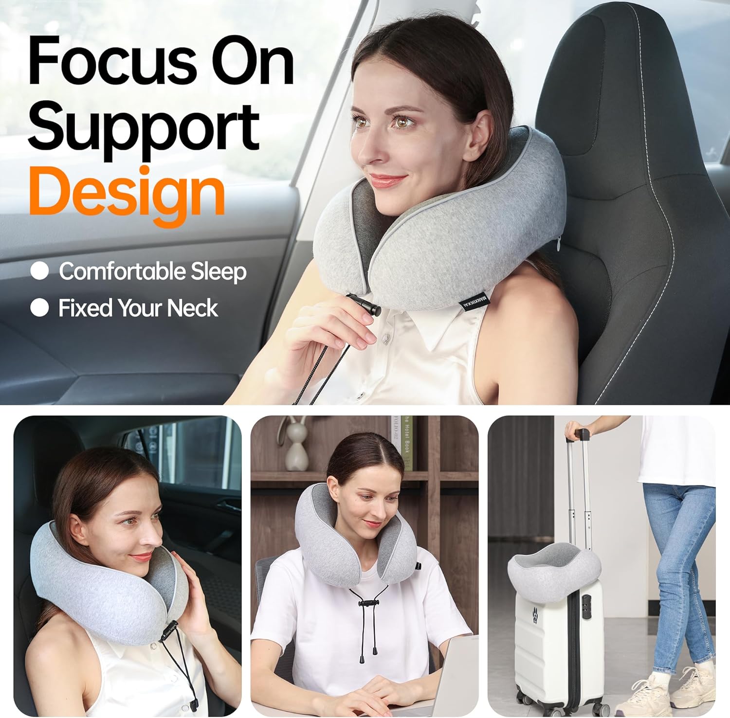100% Pure Memory Foam Travel Neck Pillow,Breathable & Washable Soft Cotton Cover, for Travel,Car & Flights,with 3D Contoured Eye Masks, Earplugs, and Luxury Bag，Gifts-Light Grey