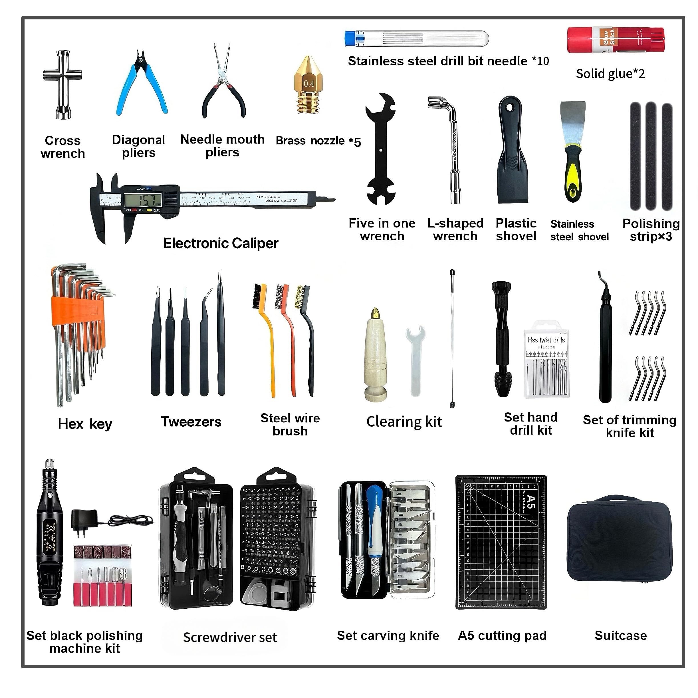 214PCS Kit de Herramientas para Impresora 3D, Accesorios con Limpieza de Boquillas, Desbarbador, Pinzas y Alicates para Desmontaje, Mantenimiento y Mecanizado de Precisión