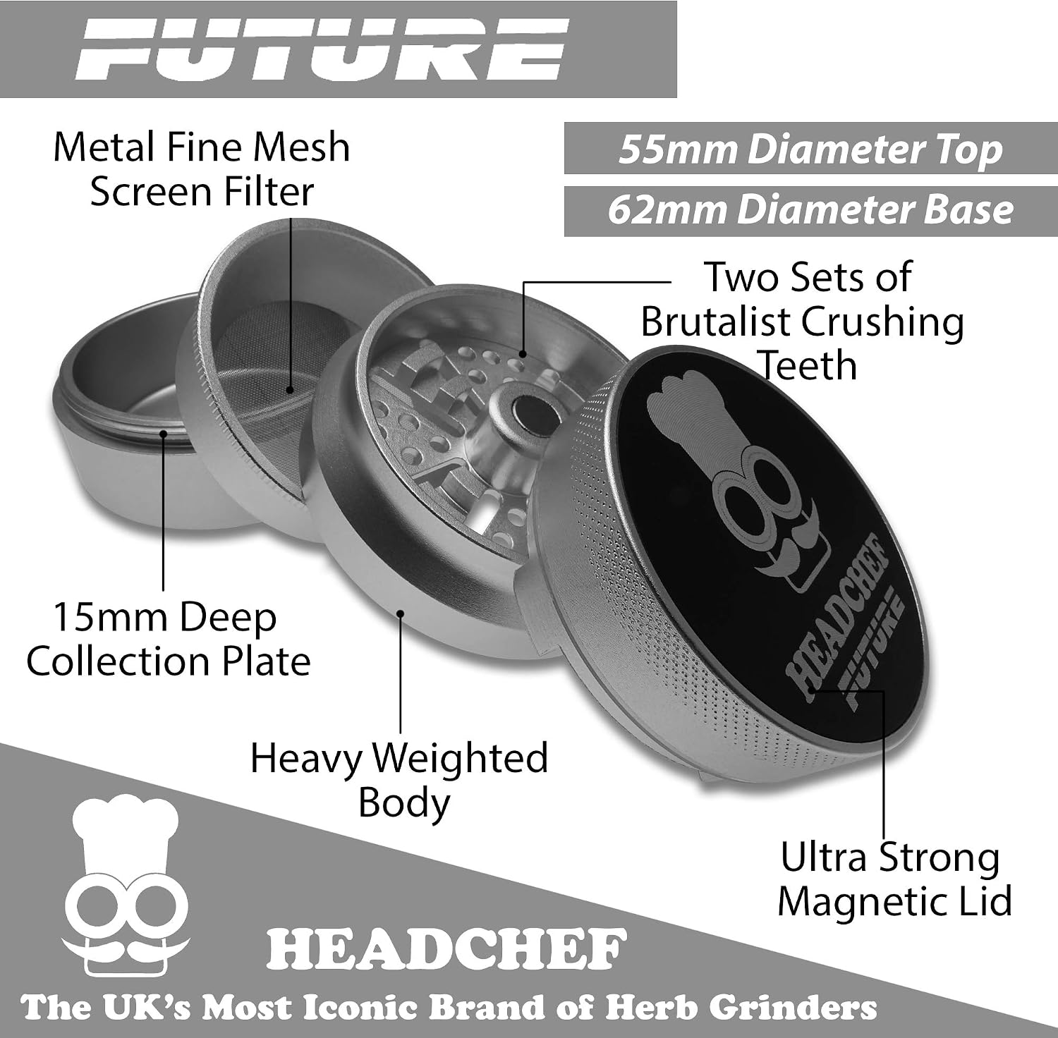 Headchef Future 4 Piece Grinder with Sandblasted Finish, Metal Herb Grinder, 62mm (Silver) - Image 3