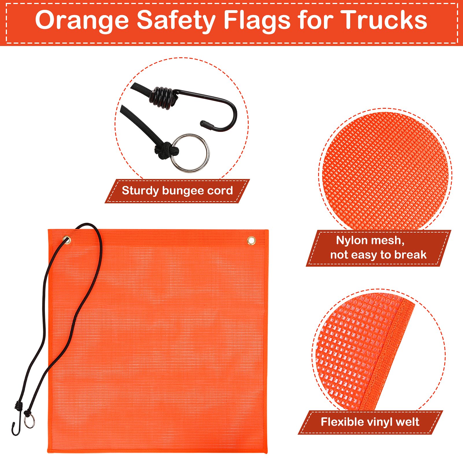 Banderas de seguridad naranjas para camiones con núcleo elástico, 10 unidades de 18 x 18 pulgadas, banderas de advertencia de carga de gran tamaño, diseño de malla de alta visibilidad, banderas de