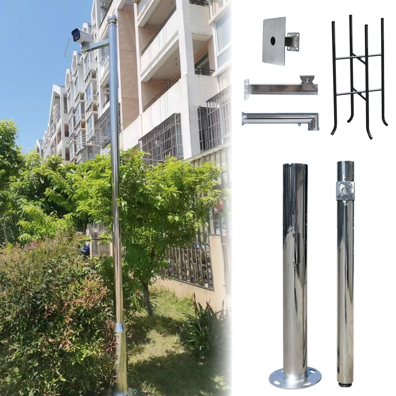 ERRULAN Staffa per Telecamera Esterna Palo di sorveglianza in Acciaio Inossidabile per Esterni, Supporto Universale per Telecamera di Sicurezza, palo CCTV grandangolare(H 9 4/5 ft (3.0m) 2 Sections)