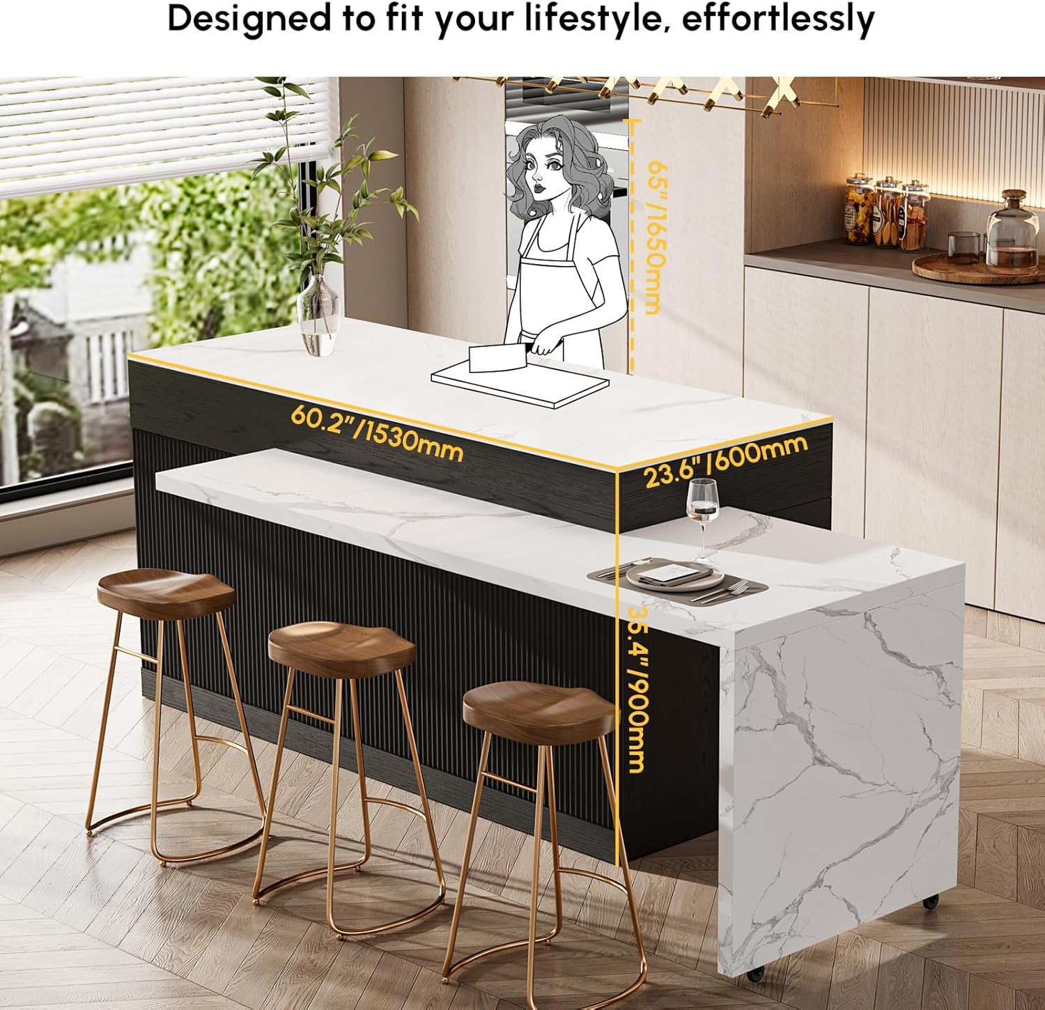 homary 81"-106" Extendable Kitchen Island, Engineered Wood Tabletop with Marble Veneer - Kitchen Island with Storage Drawers & Doors, (Right-Hand Facing, Black)