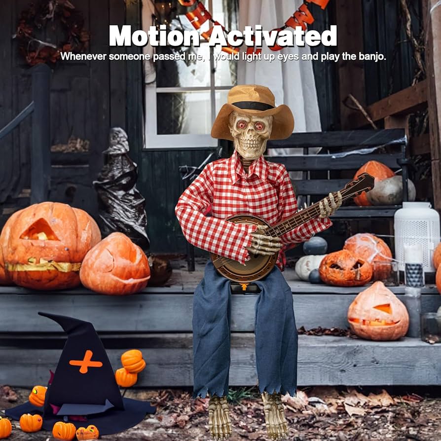 39" Animated Banjo-Playing Skeleton Scarecrow - Motion-Activated Fall/Halloween Decor With Glowing Eyes