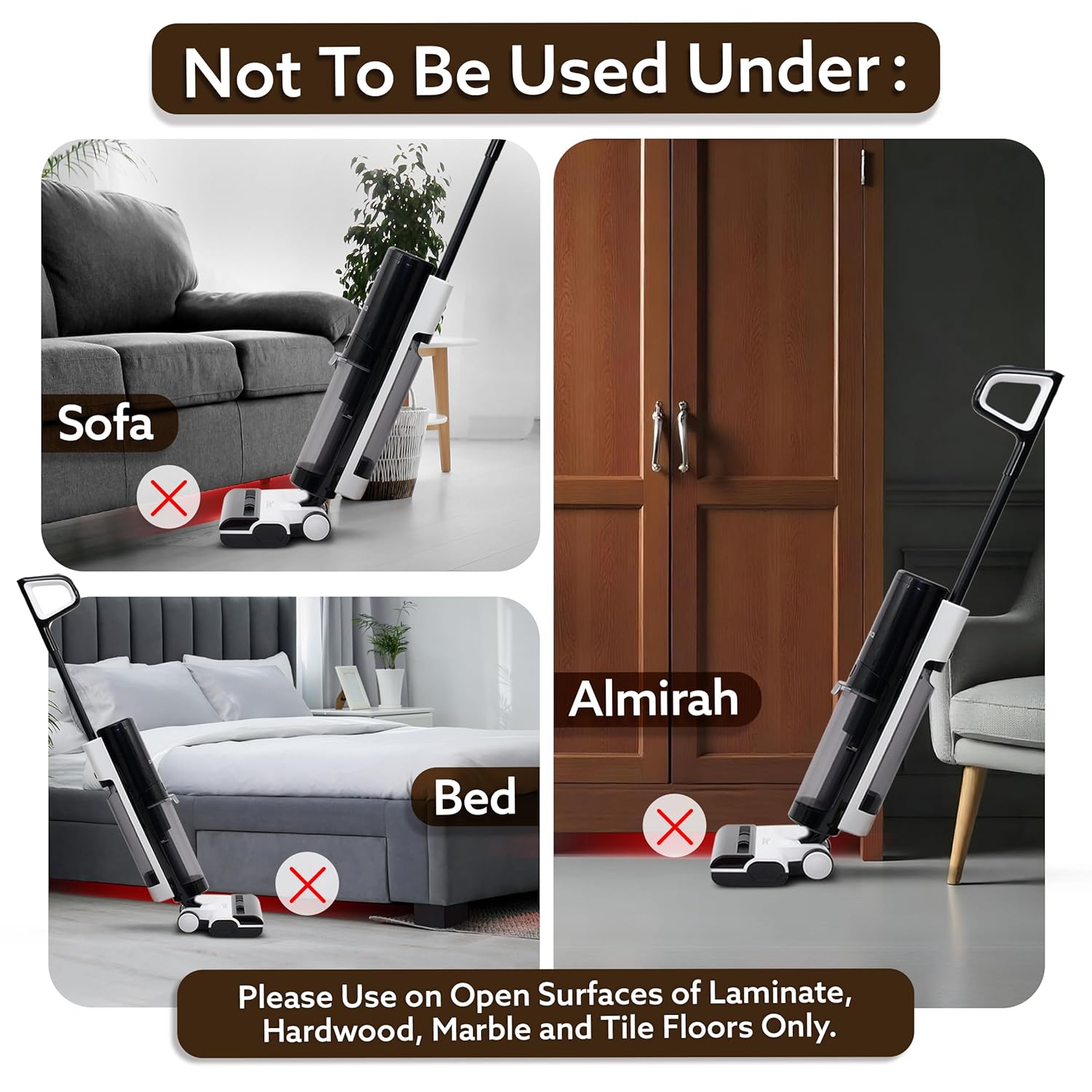 An image showing the AGARO Royal Mop & Vacuum Cleaner and indicating areas where it should not be used, such as under sofas, beds, or almirahs, emphasizing use on open surfaces only.