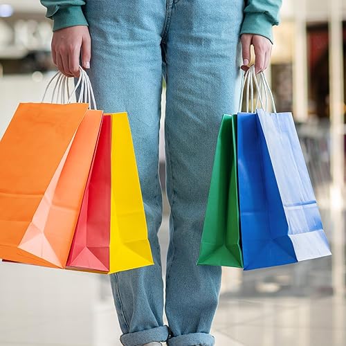 Miniatura 26 de PakTalk Paquete de 50 bolsas de regalo de 8 x 4.25 x 10.5 pulgadas, bolsas de papel negras medianas con asas para almuerzo, compras, pequeñas Negro