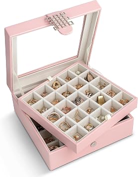 Glenor Co Earring Organizer - Classic 50 Section Jewelry Box / Case / Holder for Earrings، Rings، Necklaces، Jewelry، أزرار أكمام أو مجموعات -2 طبقات صغيرة مع سطح زجاجي كبير - وردي ناعم