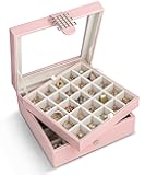 Glenor Co Earring Organizer - Classic 50 Section Jewelry Box/Case/Holder for Earrings, Rings, Necklaces, Jewelry, Cufflinks or Collections -2 Layer Small Compartments with Large Glass Top - Soft Pink
