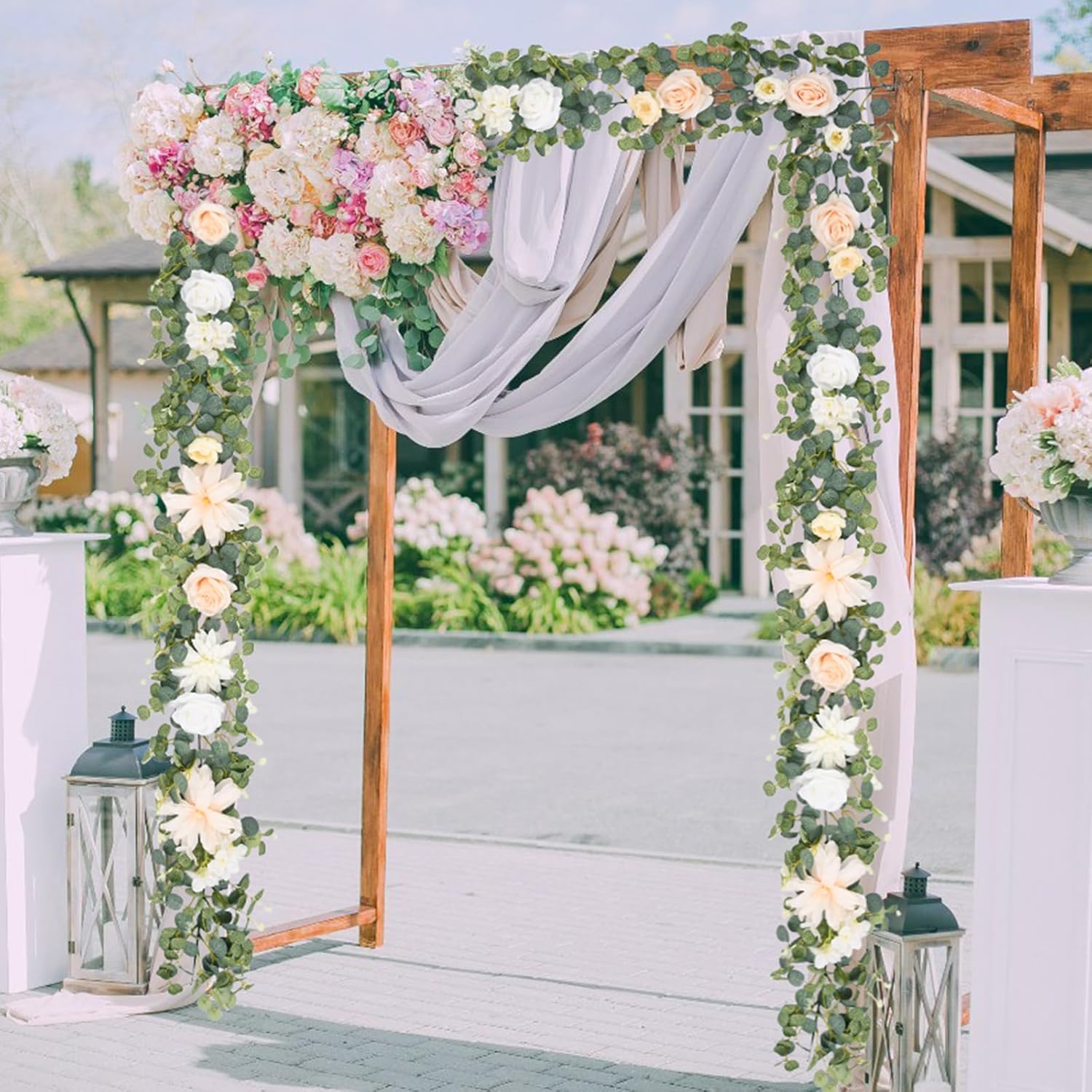 Waipfaru 2Pcs 6Ft Eucalyptus Greenery Garland with Flowers, Flower Rose Garland Decorations for Wedding Table Runner Centerpieces Backdrop Party Room Decor (White)