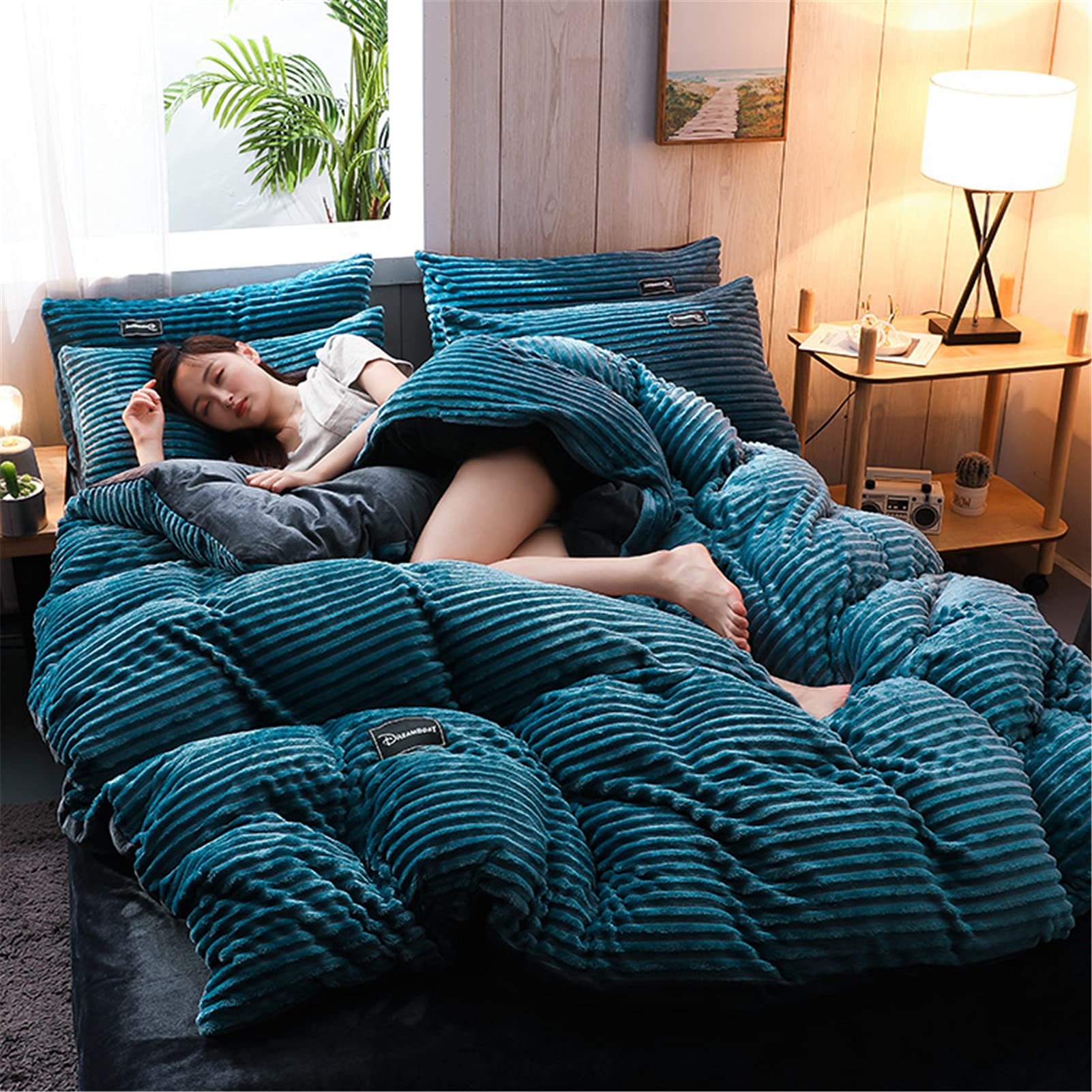 Juego De Fundas De Edredón 135x200cm,Calidez De Invierno Sábanas De Lana De Coral Gruesas De Doble Cara Más Funda Nórdica De Lana Ropa De Cama De Franela (Blue,220 * 240cm)