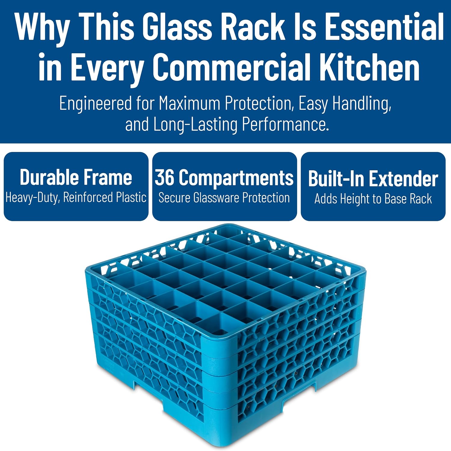 Carlisle FoodService Products RG36-414 OptiClean 36-Compartment Glass Rack w/ 4 Extenders, Polypropylene, 20.88" Length, 20.88" Width, 10.30" Height, Blue (Case of 2)