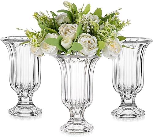 Glasseam Jarrón de cristal con pedestal para flores, juego de 3 jarrones de compota de 7.5 pulgadas de alto, jarrones transparentes para centros de