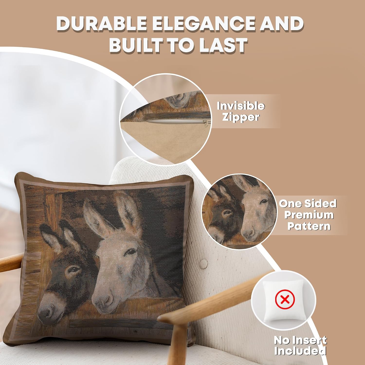 Charlotte Home Furnishings Inc - Tapestry Pillow Covers 19x19, Jacquard Decorative Throw Pillow Covers for Couch, Donkeys French Country Cotton Cushion Covers for Living Room Bed Decor