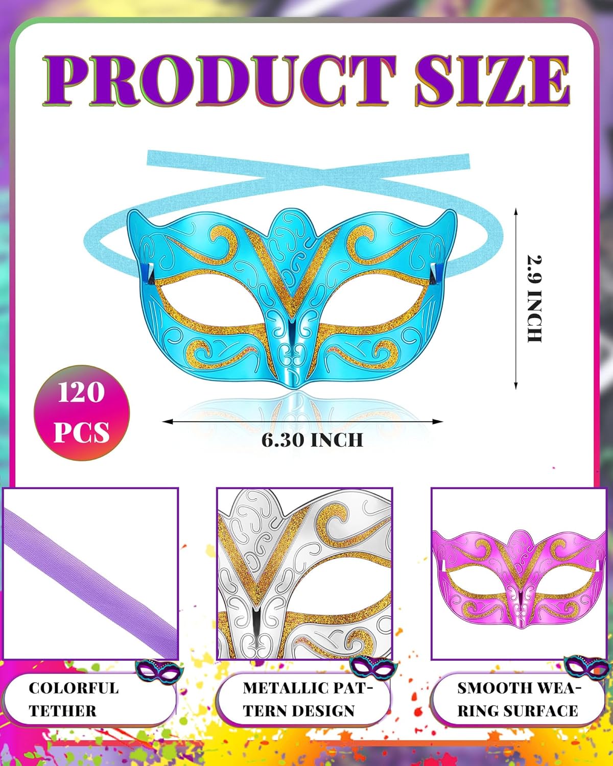 Sratte 120 Pcs Mardi Gras Masks Bulk Metallic Masquerade Masks 6 Colors Mardi Gras Costume Party Accessory - Image 2