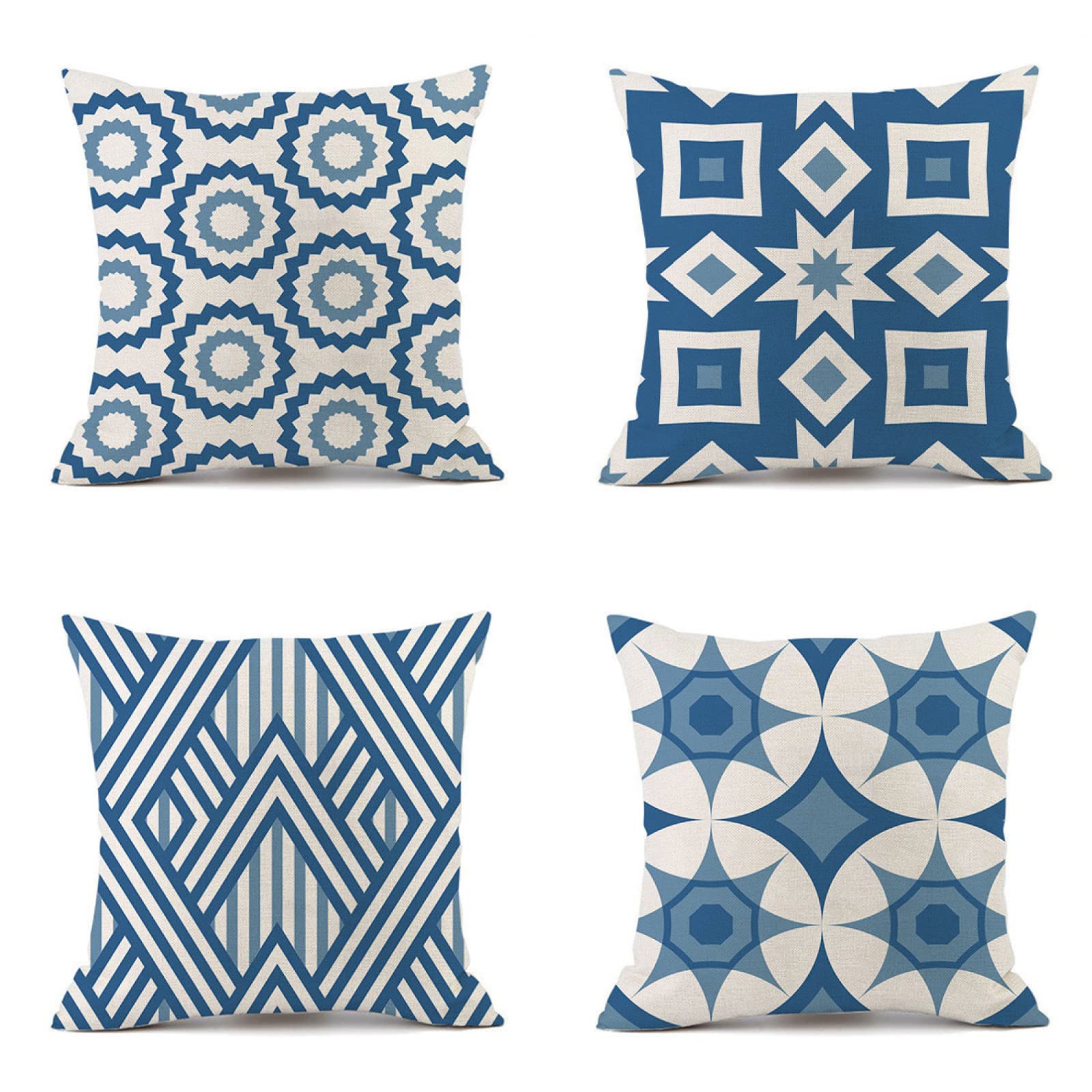 Housse de coussin 55x55cm lot de 4 en lin bleu et blanc pour canapé et lit