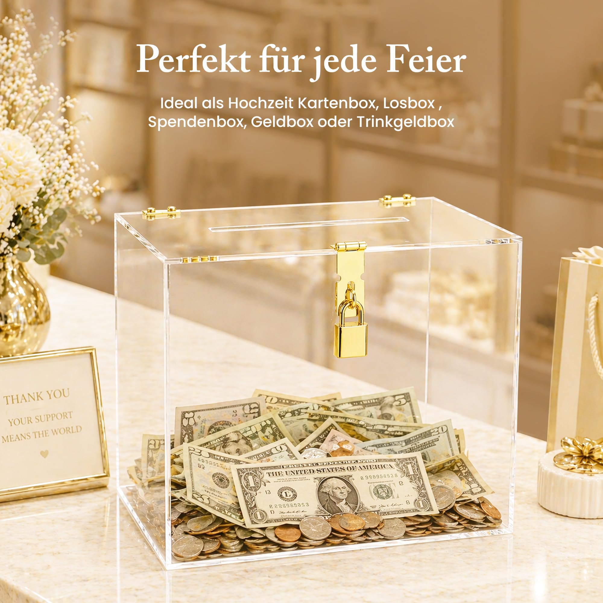 StarK Kartenbox Hochzeit – Elegante Acrylbox mit Schloss | Personalisierbar mit goldenen Buchstabenstickern inkl. Pinzette | Für Karten & Geldgeschenke, Geschenkbox Hochzeit