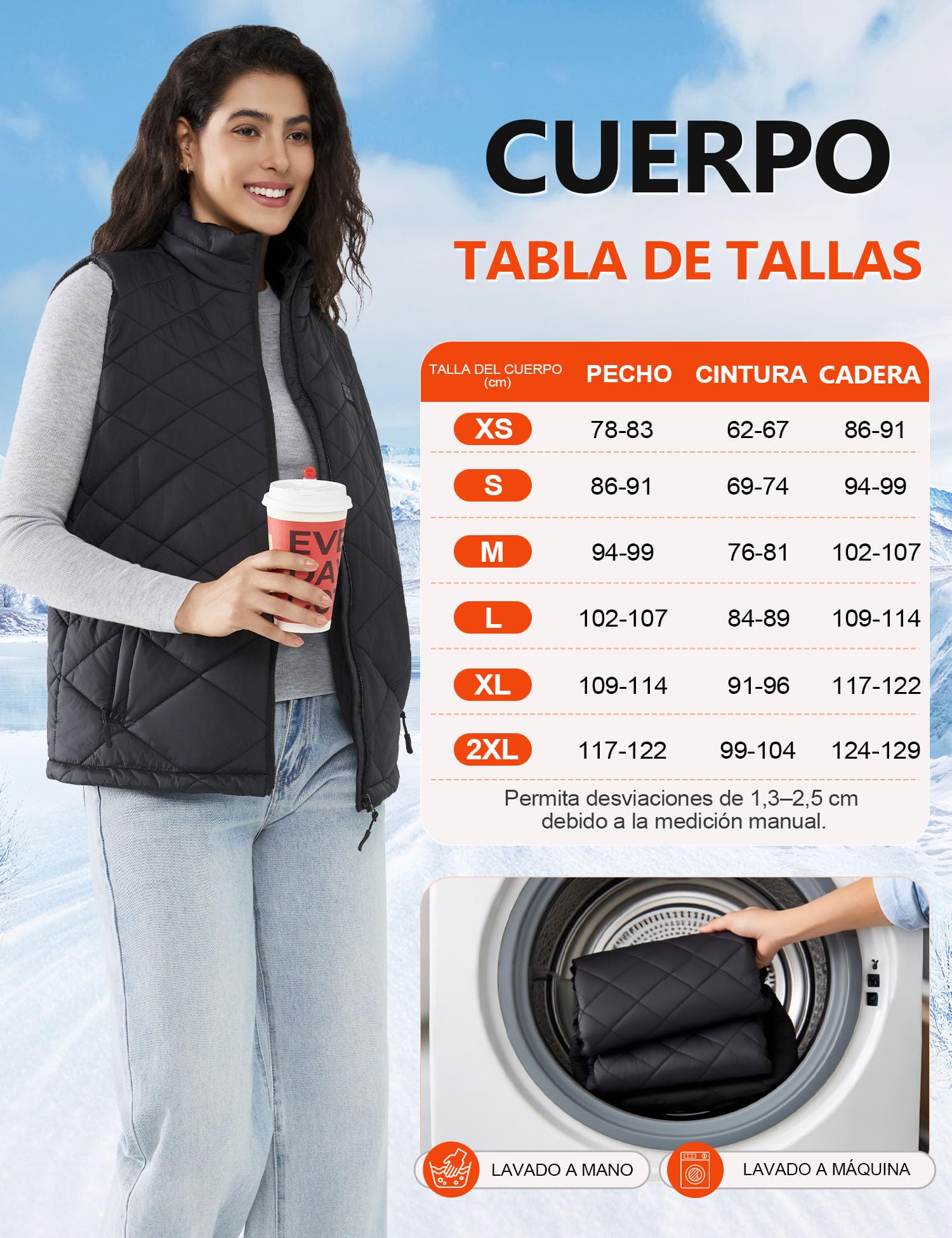 Chaleco Calefactable Mujer con Batería 18400mAh 7.4V, Chaleco Eléctrico Ligero Cálido con 8 Zonas de Calor, Lavable a Máquina, Chaleco Térmico Para Invierno