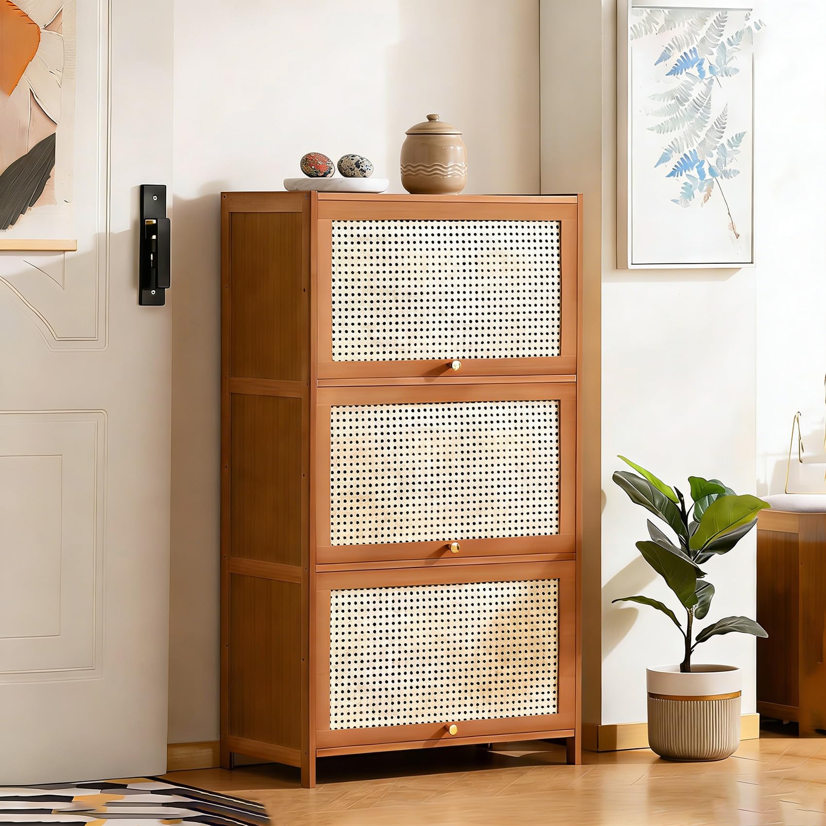 Armario para Guardar Zapatos De 7 Niveles con Puertas De Armario Tejidas En Ratán Organizador De Zapatos De Estilo Rústico De Altura Zapatero Oculto Que Ahorra Espacio,7 Tier,60×106cm