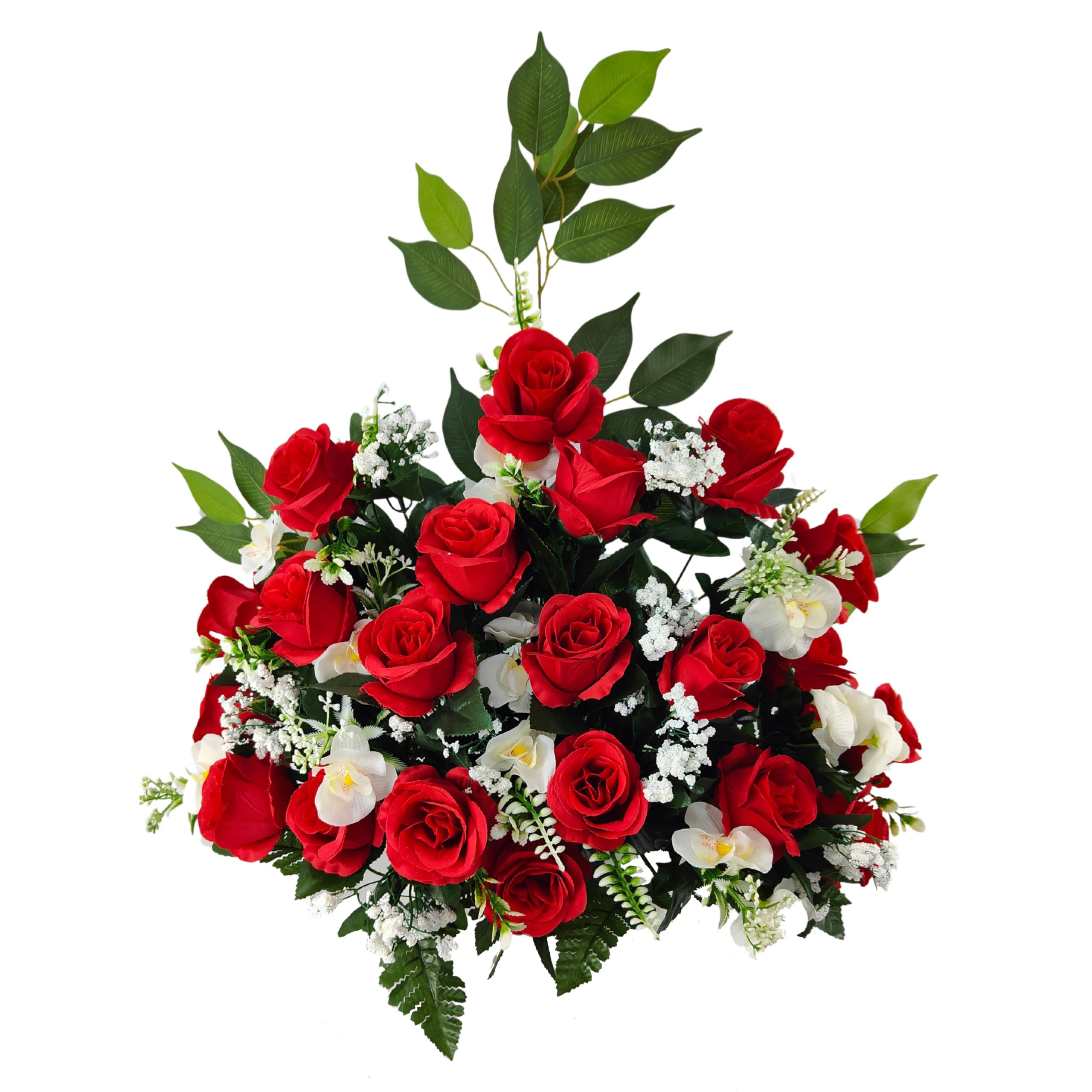 DRW Centre de fleurs artificielles rouge et blanc pour cimetière, mariages, églises avec roses et orchidées 60 x 60 x 15 cm