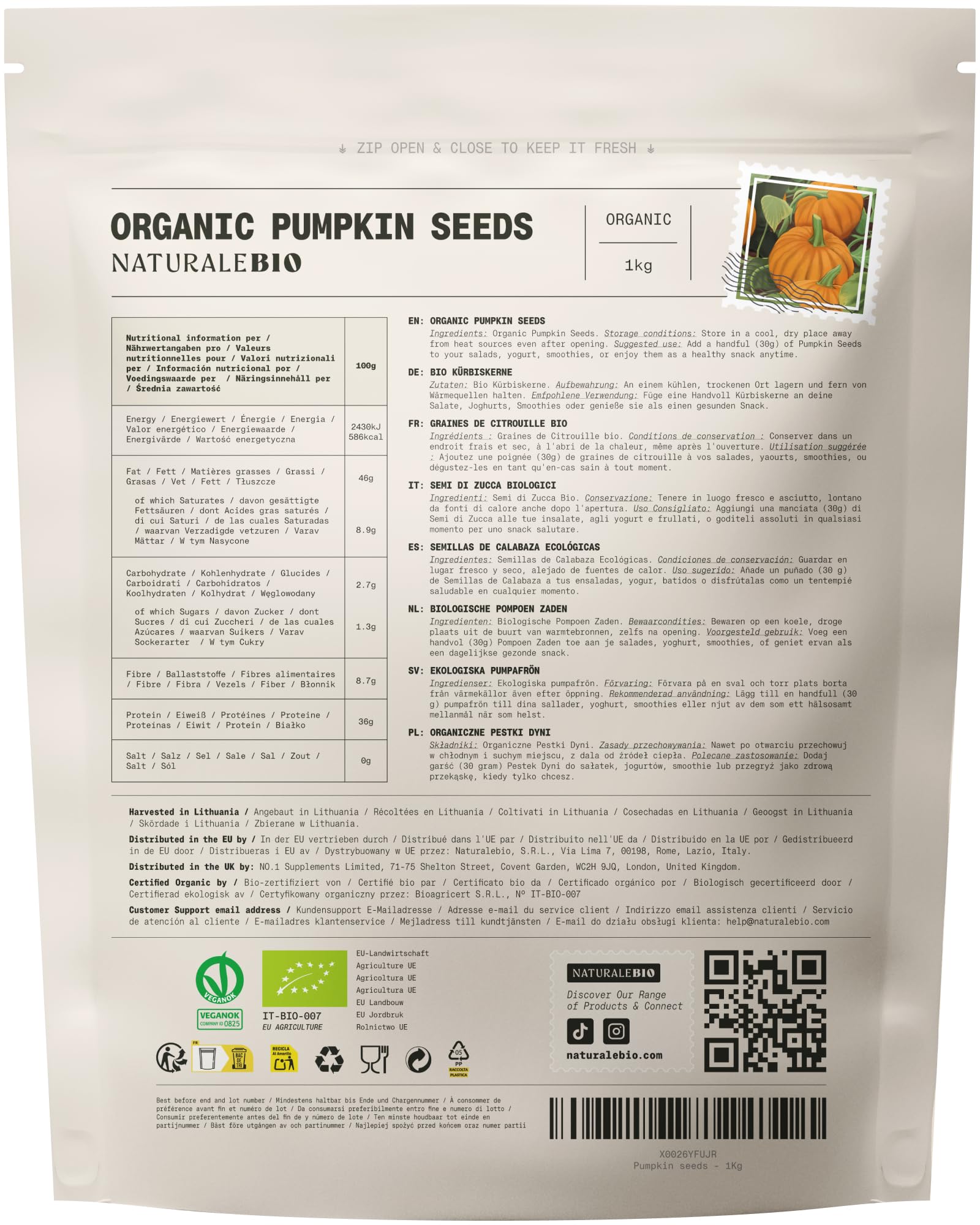 NaturaleBio Semillas de Calabaza 1kg | 100% Ecológicas Veganas Sin Gluten | Sin OGM Ricas en Nutrientes y Antioxidantes | Perfectas para Cocinar o Snack.