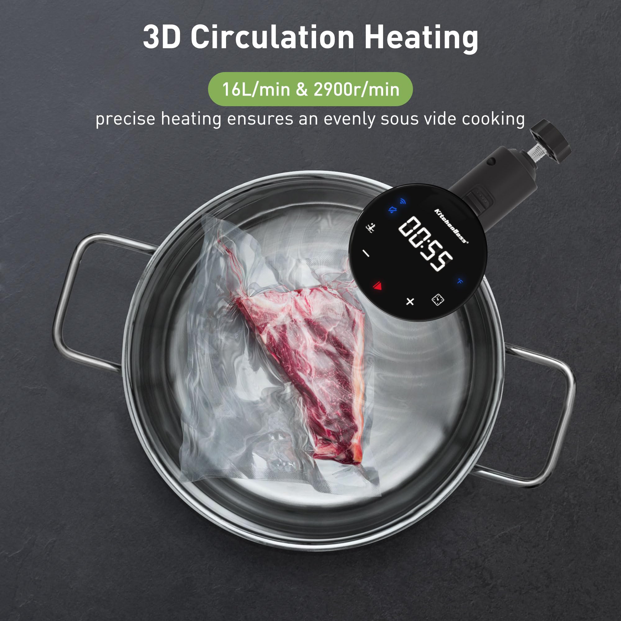 KitchenBoss WiFi Sous Vide Cooker Ultra-quiet 1100W Sous Vide G310PS | Immersion Circulator APP Control, IPX7 Waterproof Sous Vide Machine Precision Cooker Accurate Temperature Fast-Heating Silver
