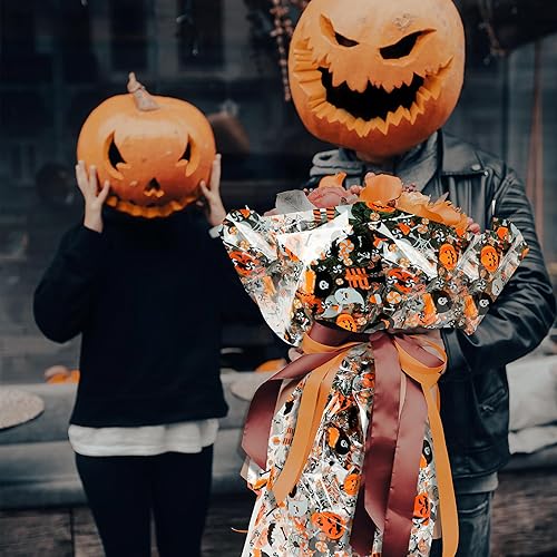Miniatura 7 de Rollo de celofán de Halloween de 100 pies x 32 pulgadas, 2.3 mil de grosor, bolsas de celofán transparentes con calabaza, fantasma, araña, celofán,