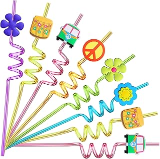 24 60's Hippie Theme Party Favors Retro Flower Cutouts Peace Drinking Straws for 60s Groovy Party Supplies Tie Dye Birthday Party Supplies with 2 PCS Straws Cleaning Brush