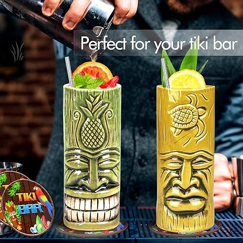 Miniatura 4 de SuproBarware Tiki - Juego de 2 tazas Tiki para cócteles, tazas de cerámica para fiestas Tiki con posavasos para decoración de bar, juego de tazas