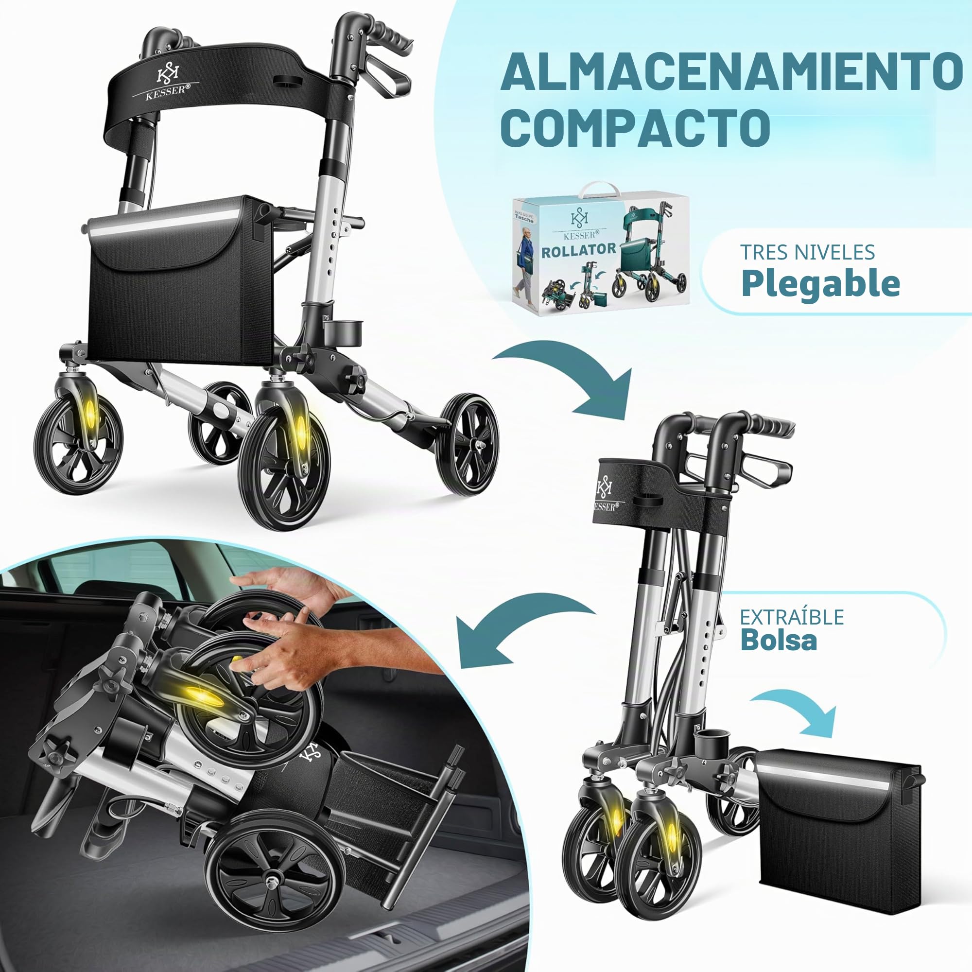 KESSER® Andador plegable con asiento y respaldo, 4 Ruedas/Frenos/Saco de Compra y Porta Bastón, Altura Ajustable 82-94cm, Andador, Carro, Rollator para Ancianos