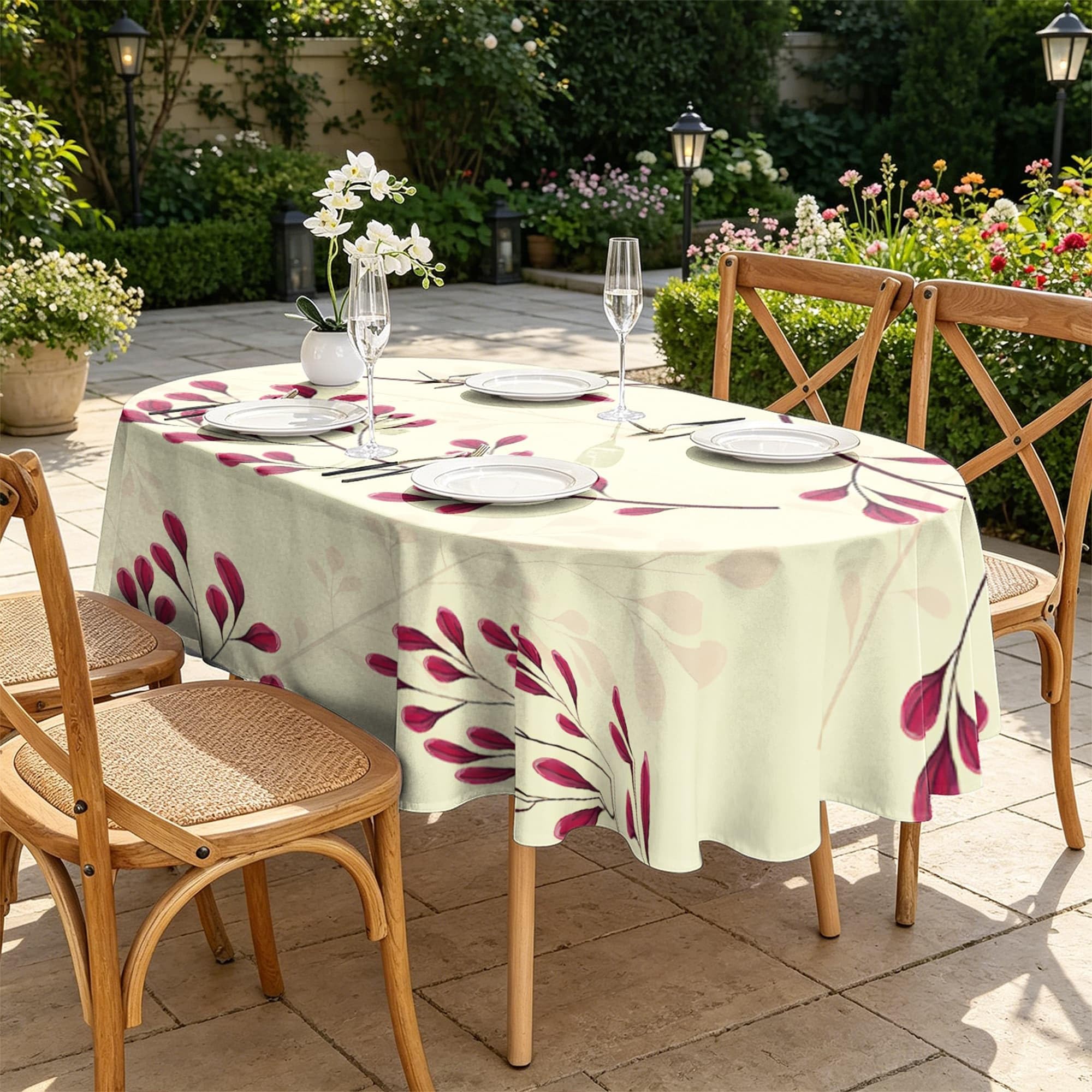 Rotes Blatt Tischdecke Oval 160x220, Botanische Ranken Tischdecken Abwaschbar Lotuseffekt, Moderne Blumen Tischtuch aus Polyester Fleckschutz Wasserabweisend für Küche, Garten, Party, K-910