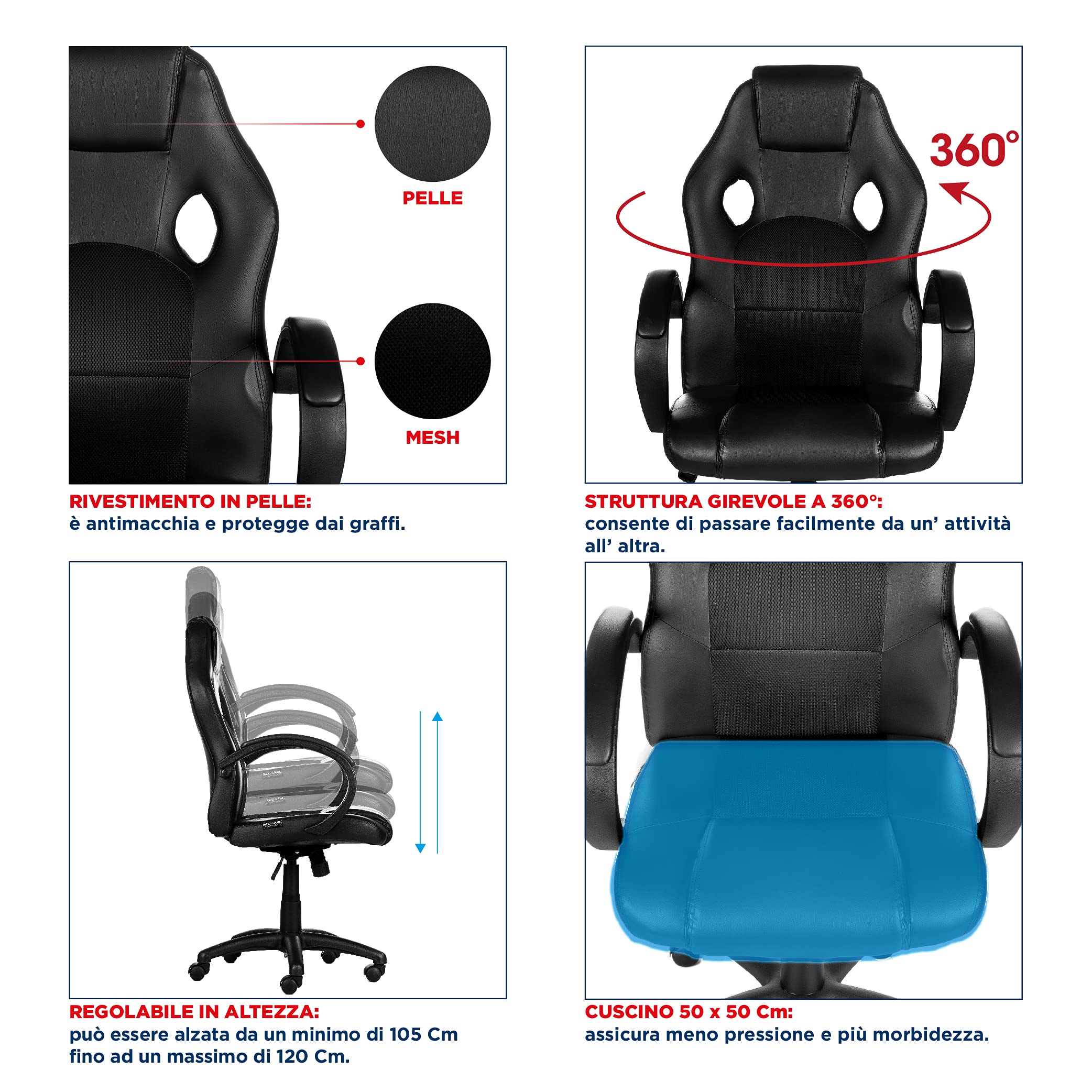 Enrico Coveri Sedia In Pelle PU Con Schienale Ergonomico Imbottito E Ruote, Poltrona Regolabile Con Poggiatesta Anti Cervicale e Braccioli Per Studio, Gioco e Ufficio