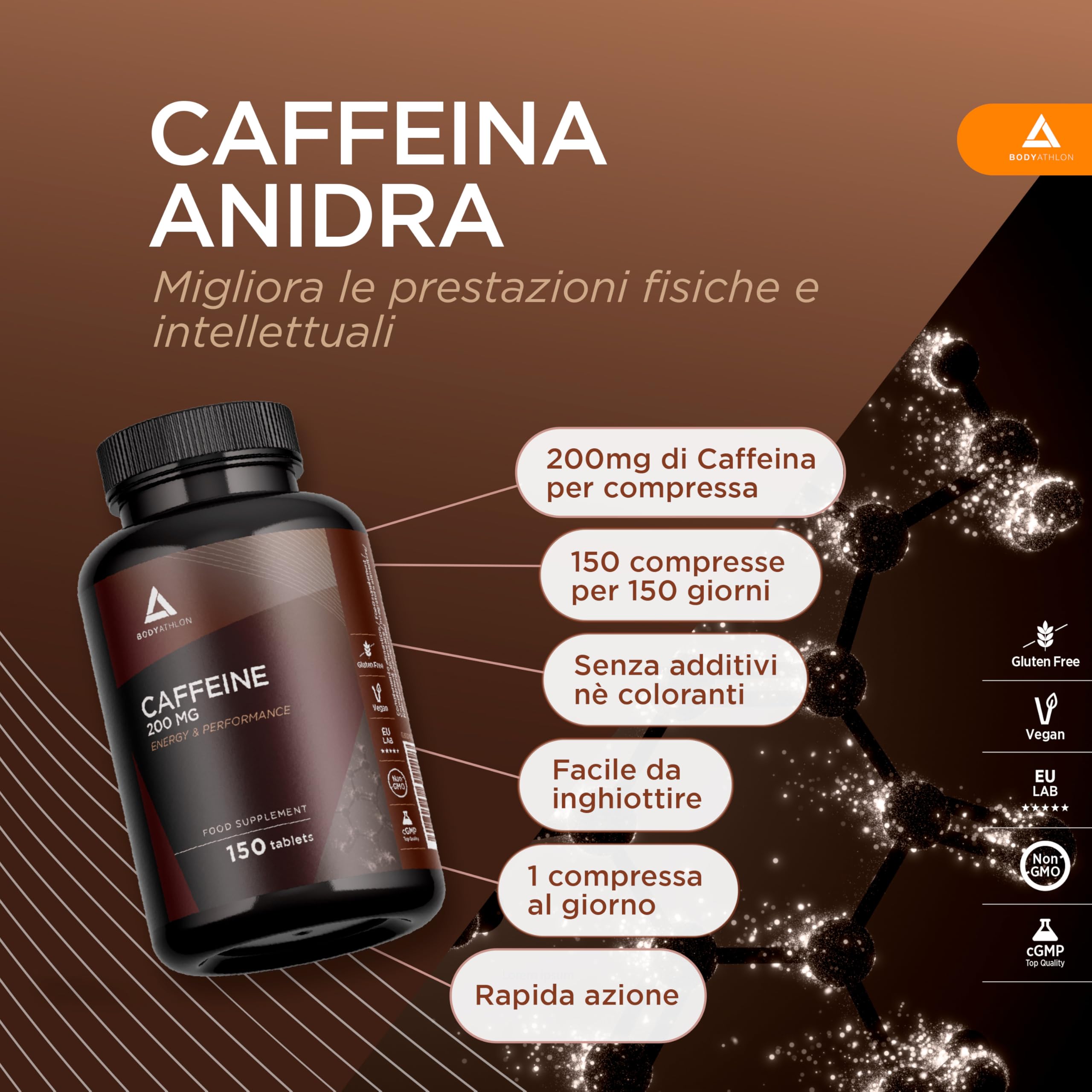 Caffeina pura 200mg- 150 compresse per 150 giorni - Energia e Concentrazione- Migliora le tue prestazioni sportive e intellettuali- Potenzia la tua resistenza – Alto dosaggi- Bodyathlon