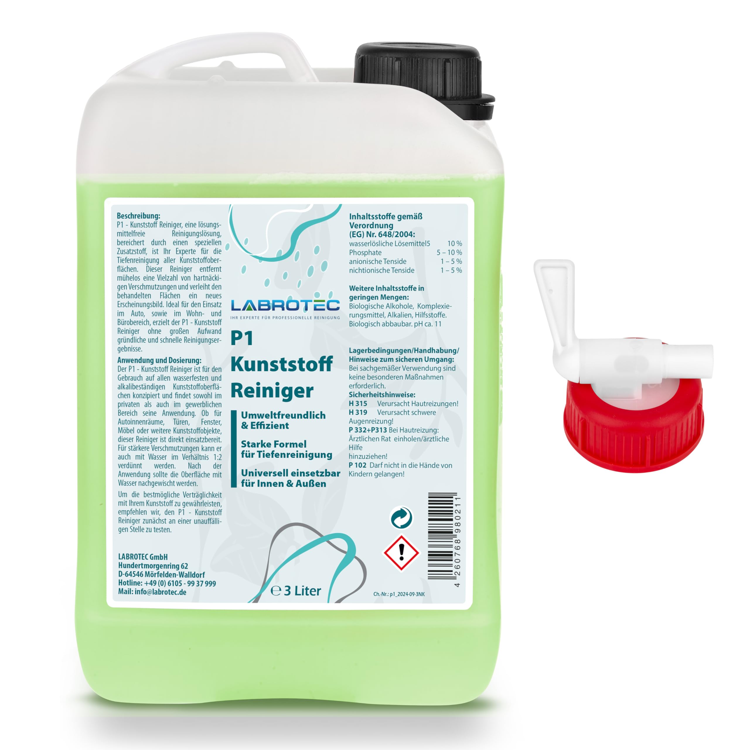 P1 Kunststoffreiniger 3L mit Dosierhahn – Effektiver Reiniger für Fensterrahmen, Autos, Sneaker, Böden, Rolladen, Jalousien und Gartenmöbel. Gegen starke Verschmutzungen (3 Liter)