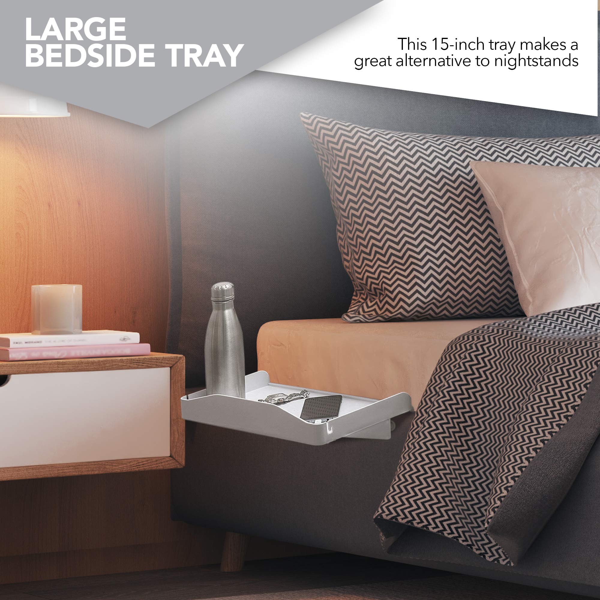 Bedside Shelf for Bed – College Dorm Room Clip On Nightstand with Cup Holder & Cord Holder - Nightstand for Students – Bunk Bed Shelf for Top Bunk – Kids Nightstand for Bedroom (Plastic, White)