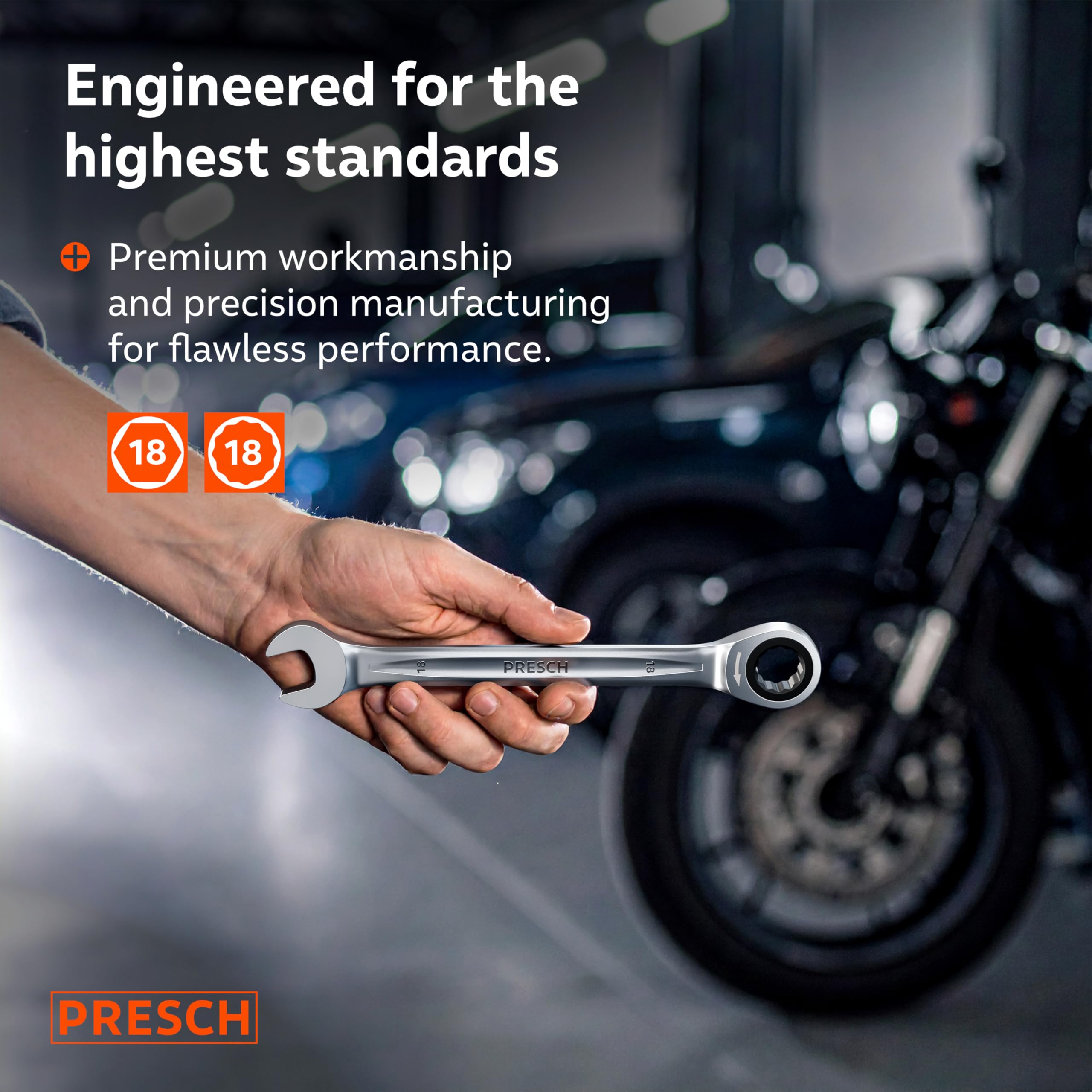 PRESCH Ratchet Spanner 18mm, Minimal Return Angle (4°, 90 Teeth), 15° Offset for Tight Spaces, Precision-machined - Image 2
