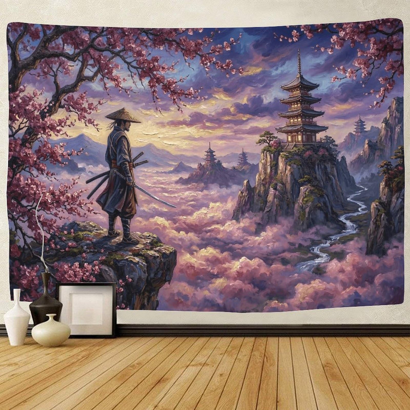 GPMNBCXZK Japanese Samurai 3D Printed Wall Hanging Decor Cherry Blossom for Home Bedroom Art 180cmx230cm