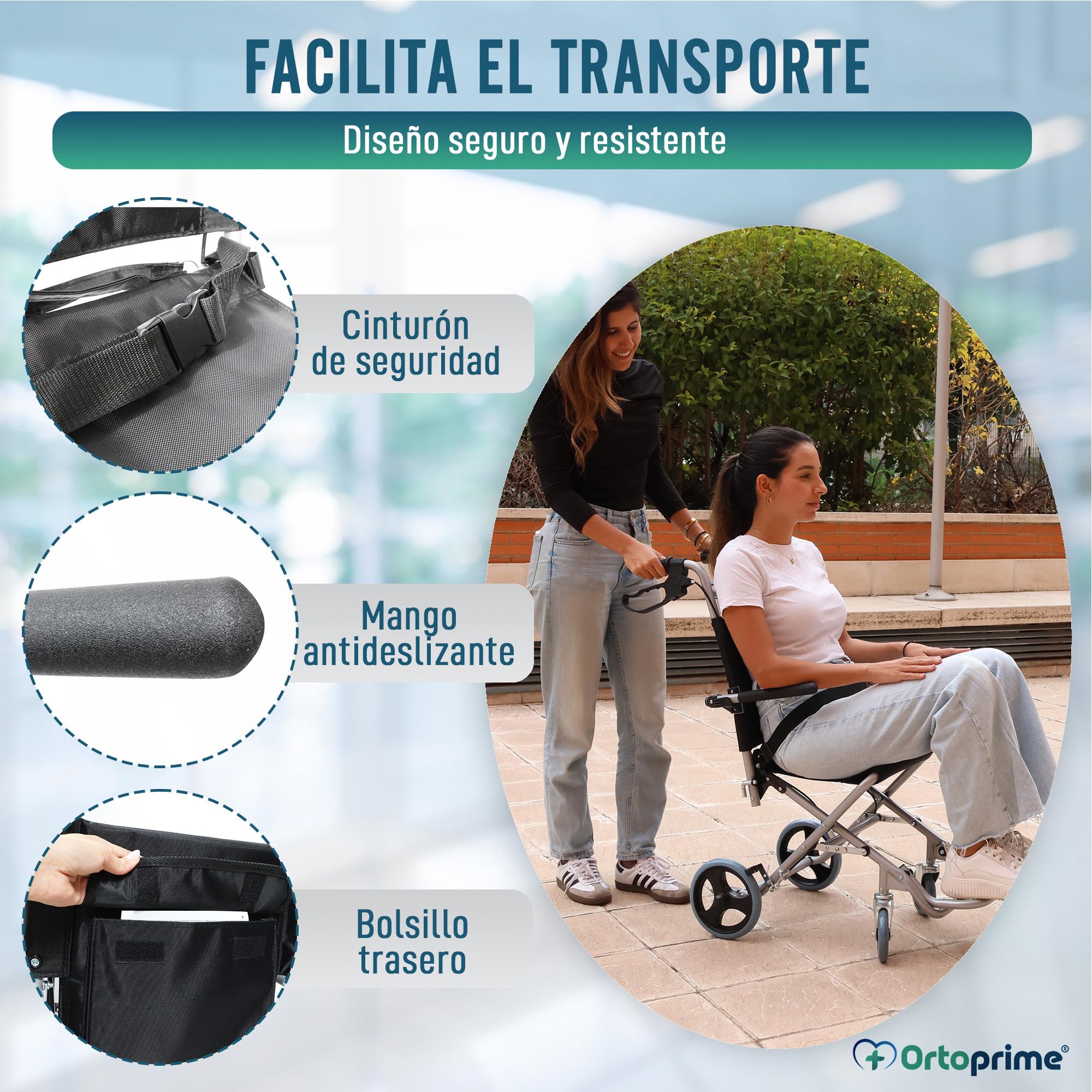 OrtoPrime Silla de Ruedas de Tránsito ALUMINIO Silla de Ruedas PLEGABLE Ligera - Silla Ruedas Ancianos ORTOPÉDICA - Cadeira de Rodas para Idosos - Silla de Ruedas ESTRECHA para Casa y Exterior