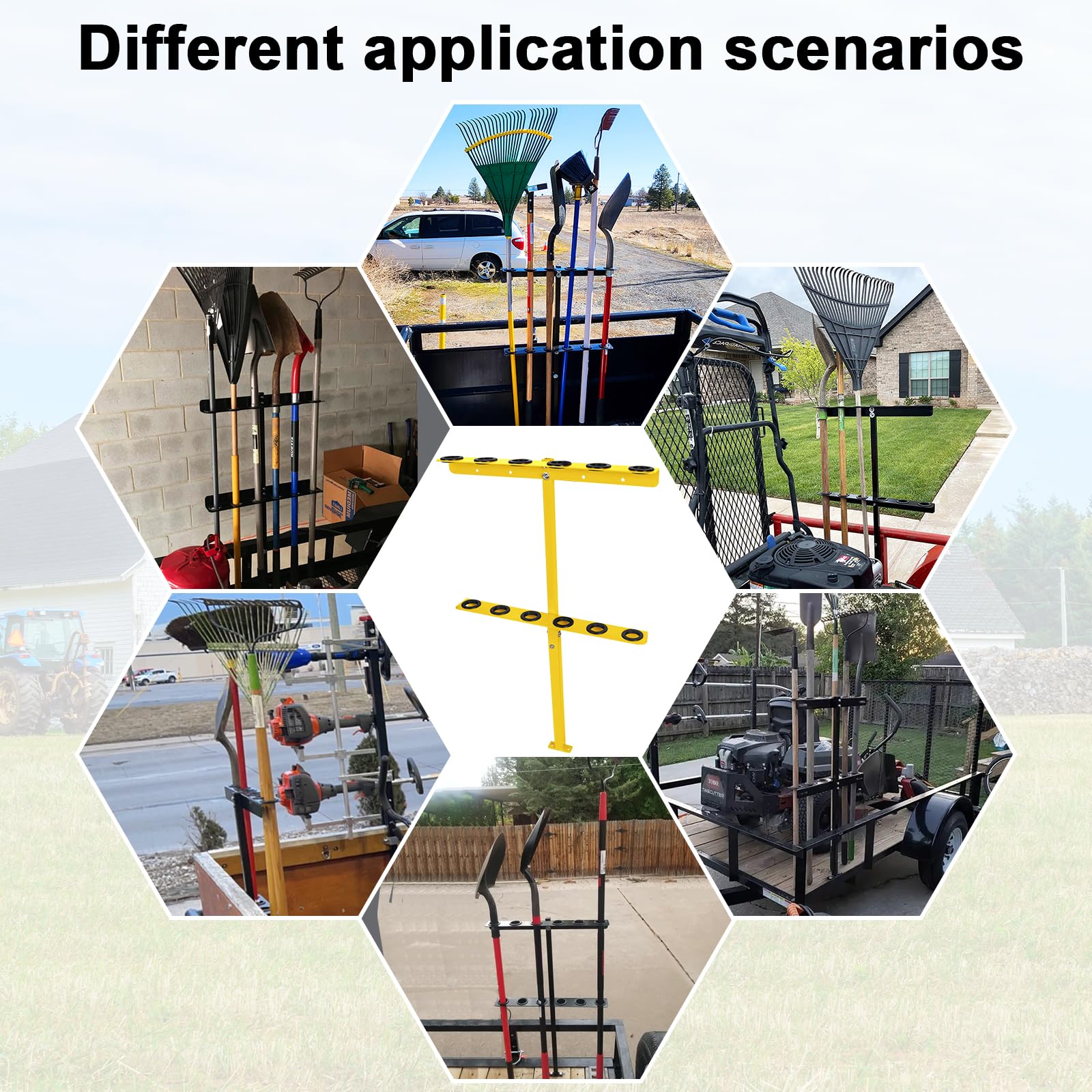 Soundforge Vertical Landscape Hand Tool Rack for Truck Trailers, Garage, or Shed – Holds 6 Long-Handled Tools like Shovels, Rakes, and Hoes with Rubber Grommets for Protection (YELLOW)