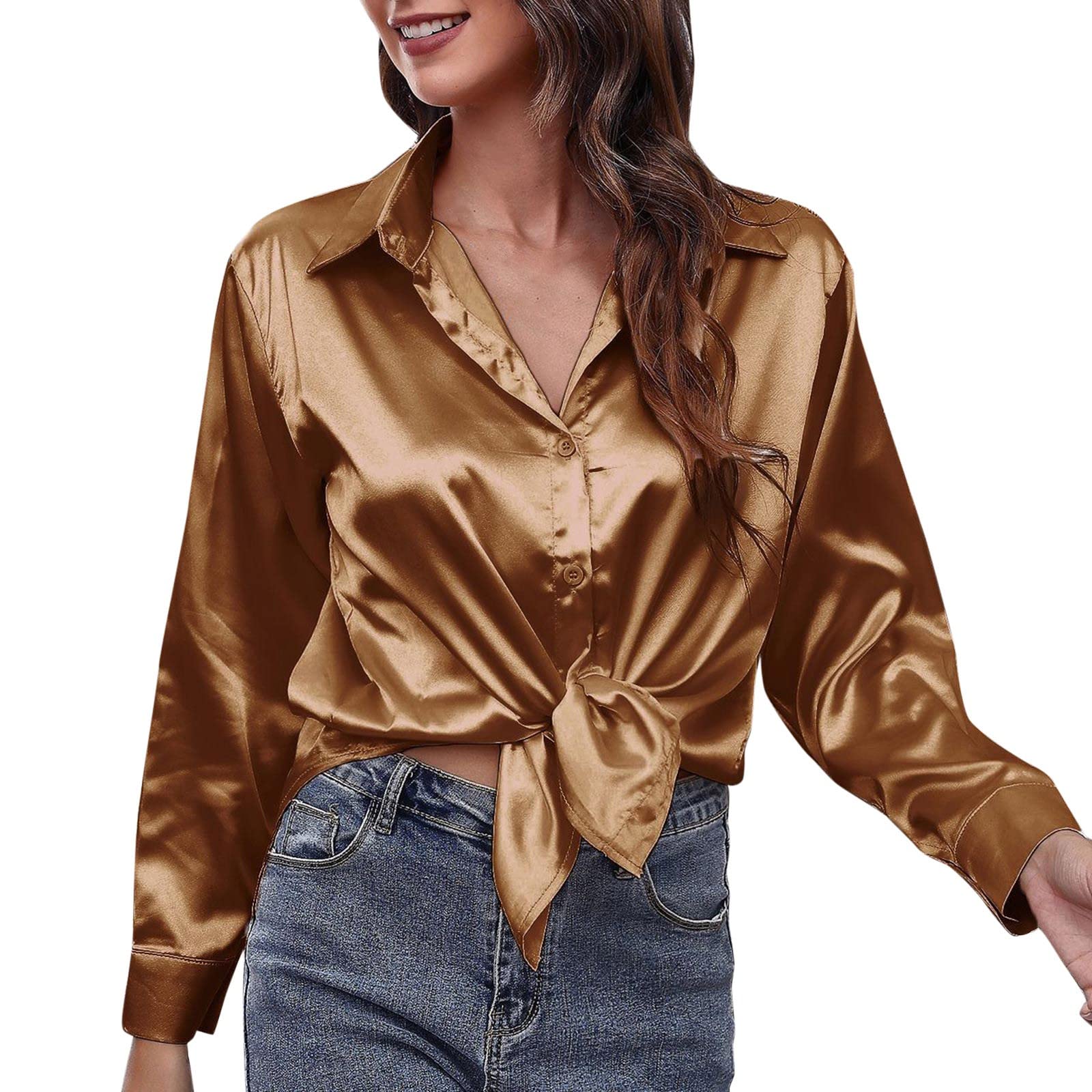 GenericSatin Shirt Women's Satin Imitation Silk Long Sleeved Shirt New European And Foreign Trade Border Clothing Summer T Shirts V Womens Shirt