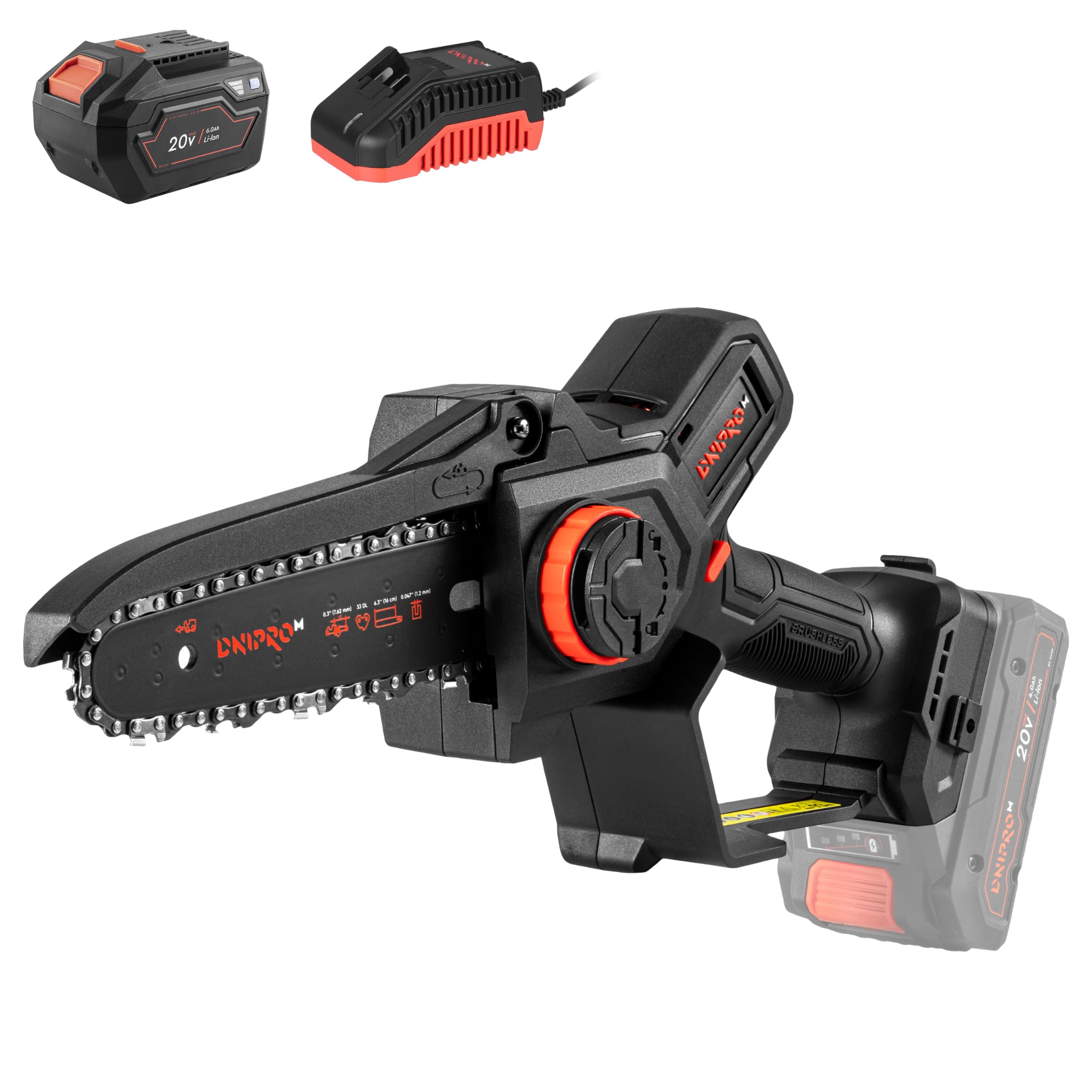 Mini Motosierra Batería DMS-201BC - Motor Brushless 20V, 4.400 RPM - Motosierra Eléctrica Pequeña Compacta, Guía 16 cm, Cadena 7,5 m/s, 1,2Kg, Tensado Sin Llave - Batería 6Ah y Cargador - Por Dnipro-M