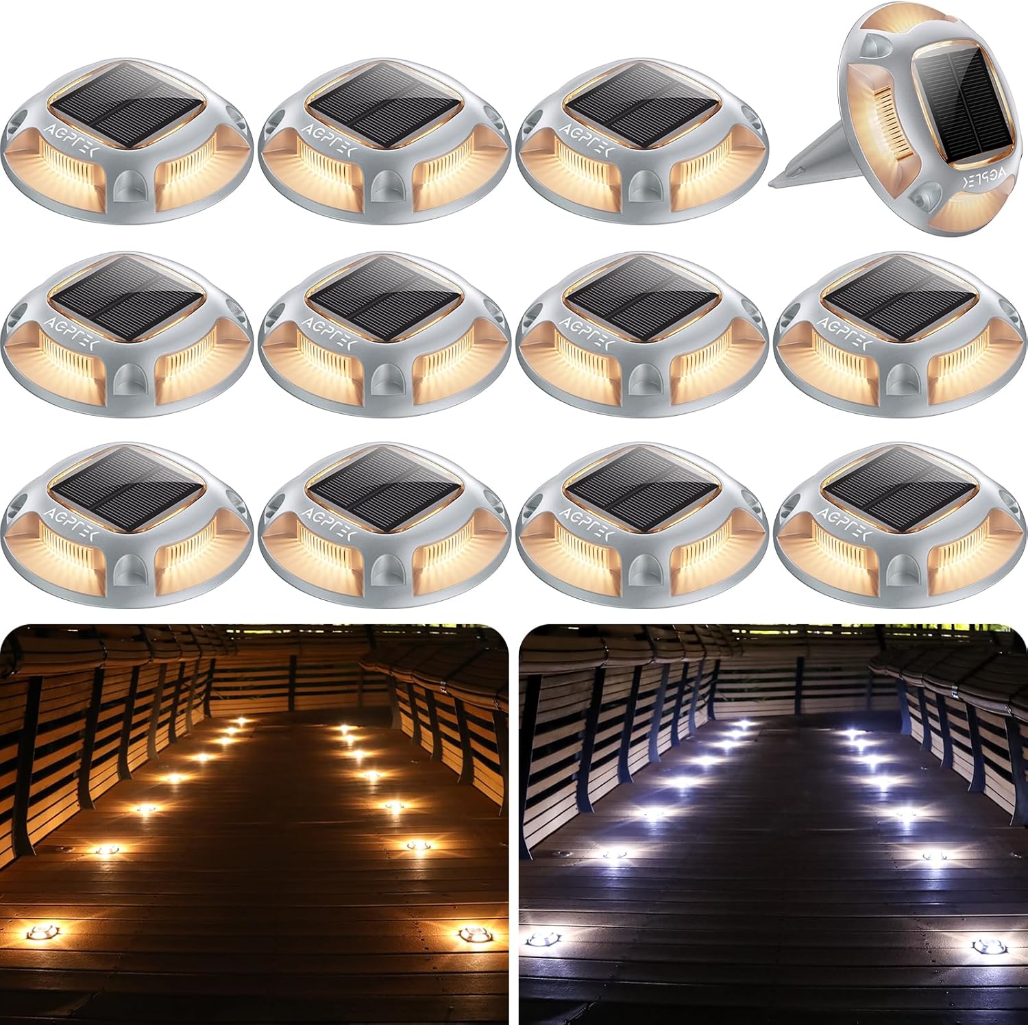AGPTEK Solar Driveway Lights 12 Pack, 2 Colors in 1 Outdoor Solar Deck Dock Marine Waterproof LED Driveway Marker Security Lights for Outside Pathway,Boat Dock,Step,Walkway,Path,Garden (Warm & White)