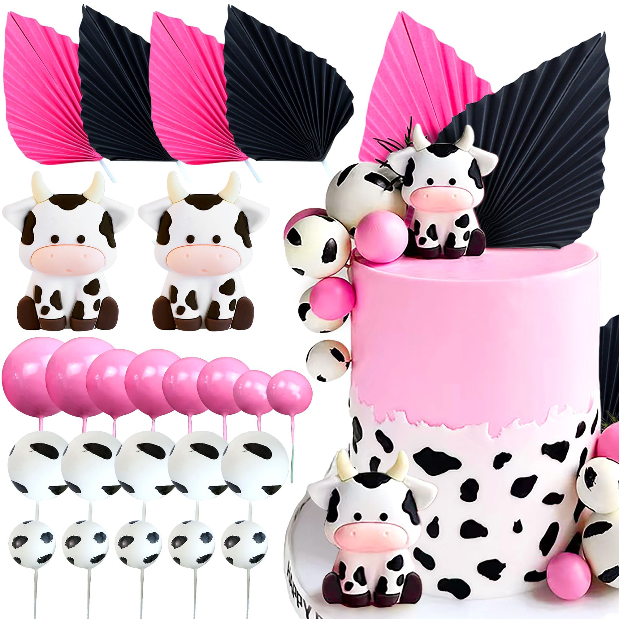 JeVenis26 PCS Cow Cake Decoration Cowgirl Birthday Cake Topper Palm Leaves Balls Cake Topper Barnyard Farm Animal Birthday Party Decorations