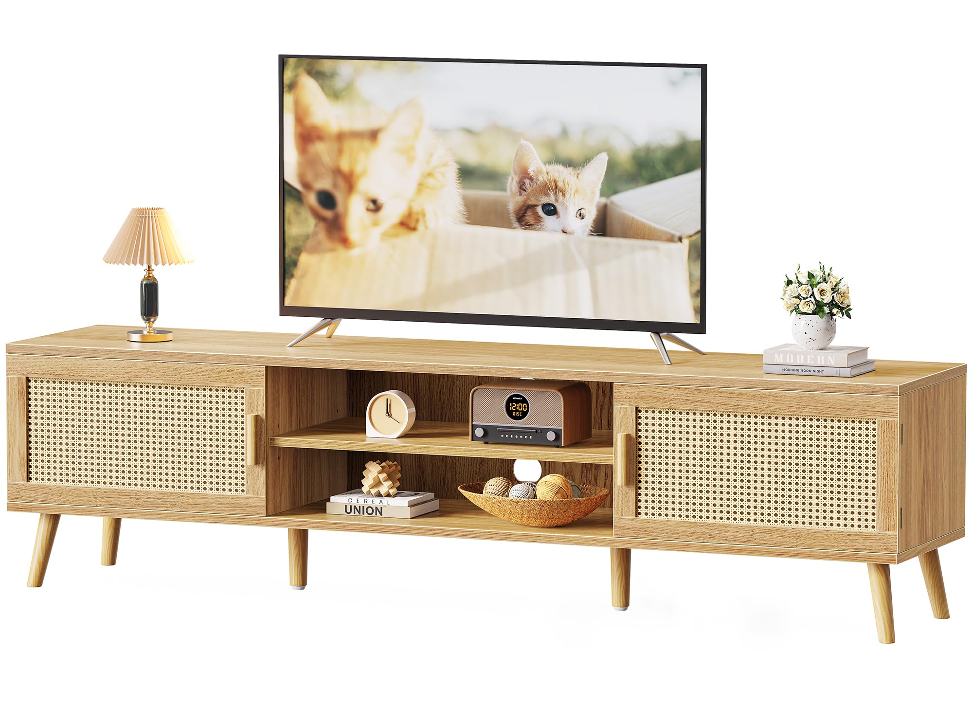 Photo 1 of *** USED***SUPERJARE 70.9 Inch Boho TV Stand for 75 Inch TV, Entertainment Center with Adjustable Shelf, Rattan TV Console with 2 Cabinets, Media Console, Solid Wood Feet, 4 Cord Holes, for Living Room, Natural