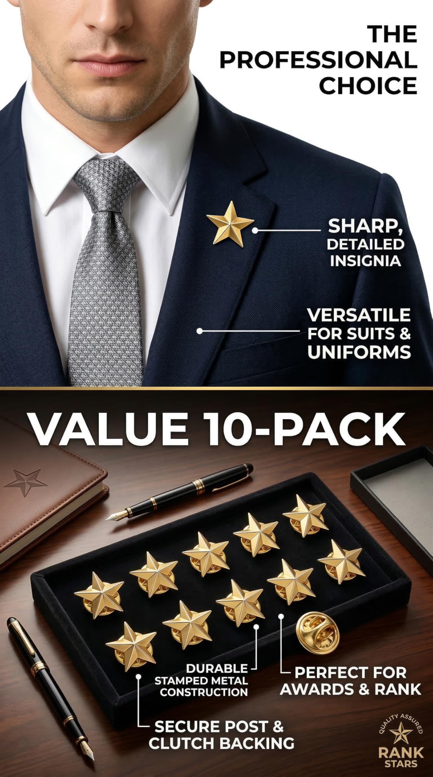 10 Piezas Pin de Solapa Estrella Dorada de Aleación de Zinc, Insignia de Estrella, Broche Decorativo para Chaqueta Camisa Mochila, Accesorio para Celebraciones, Eventos y Regalos